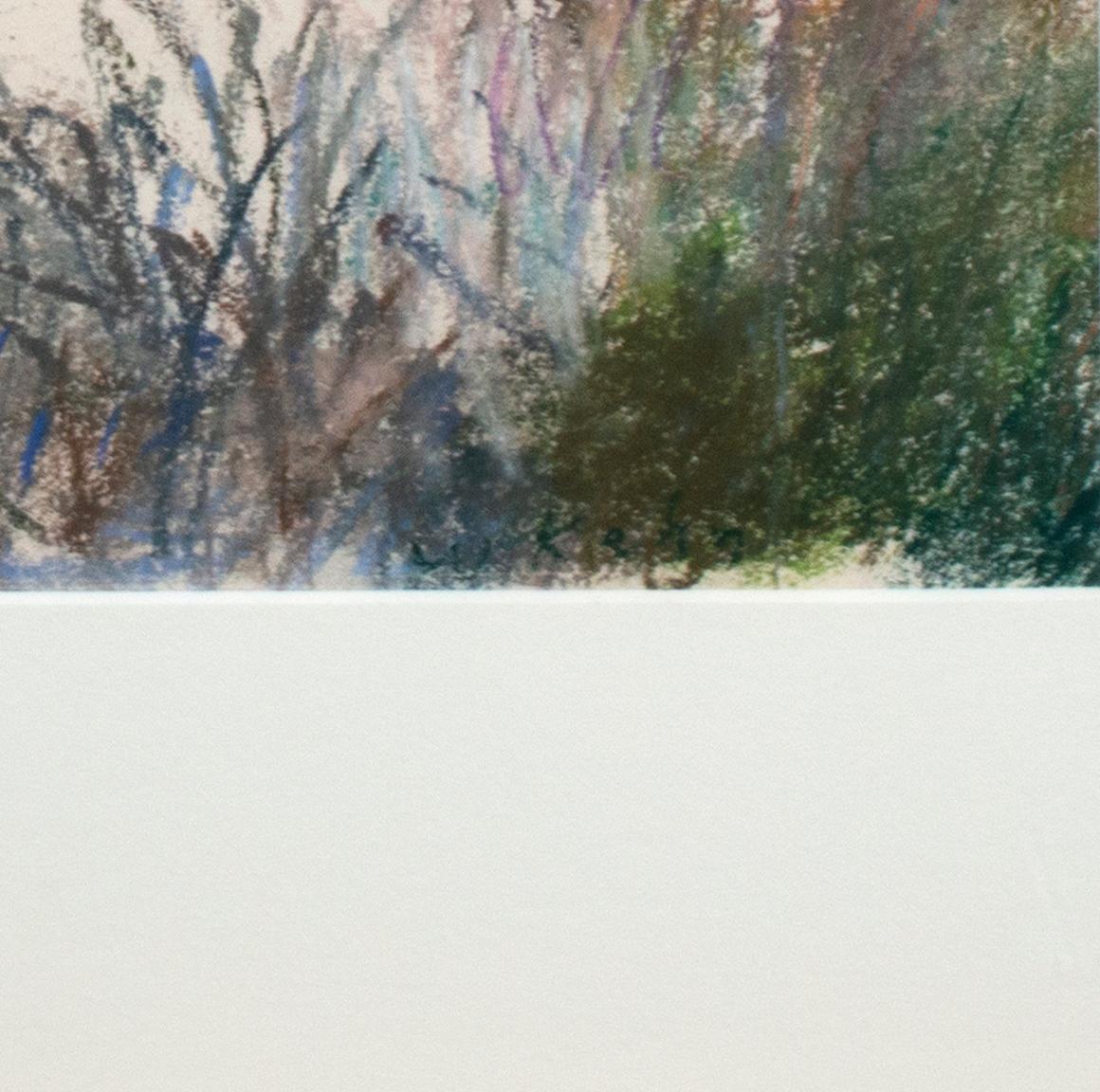 'Study for Connecticut at Putney' is an original pastel drawing by American artist Wolf Kahn. The landscape is an exploration of color and light: it is rendered in cool blues and purples with fields of subtle yellow, the pastels treated with the