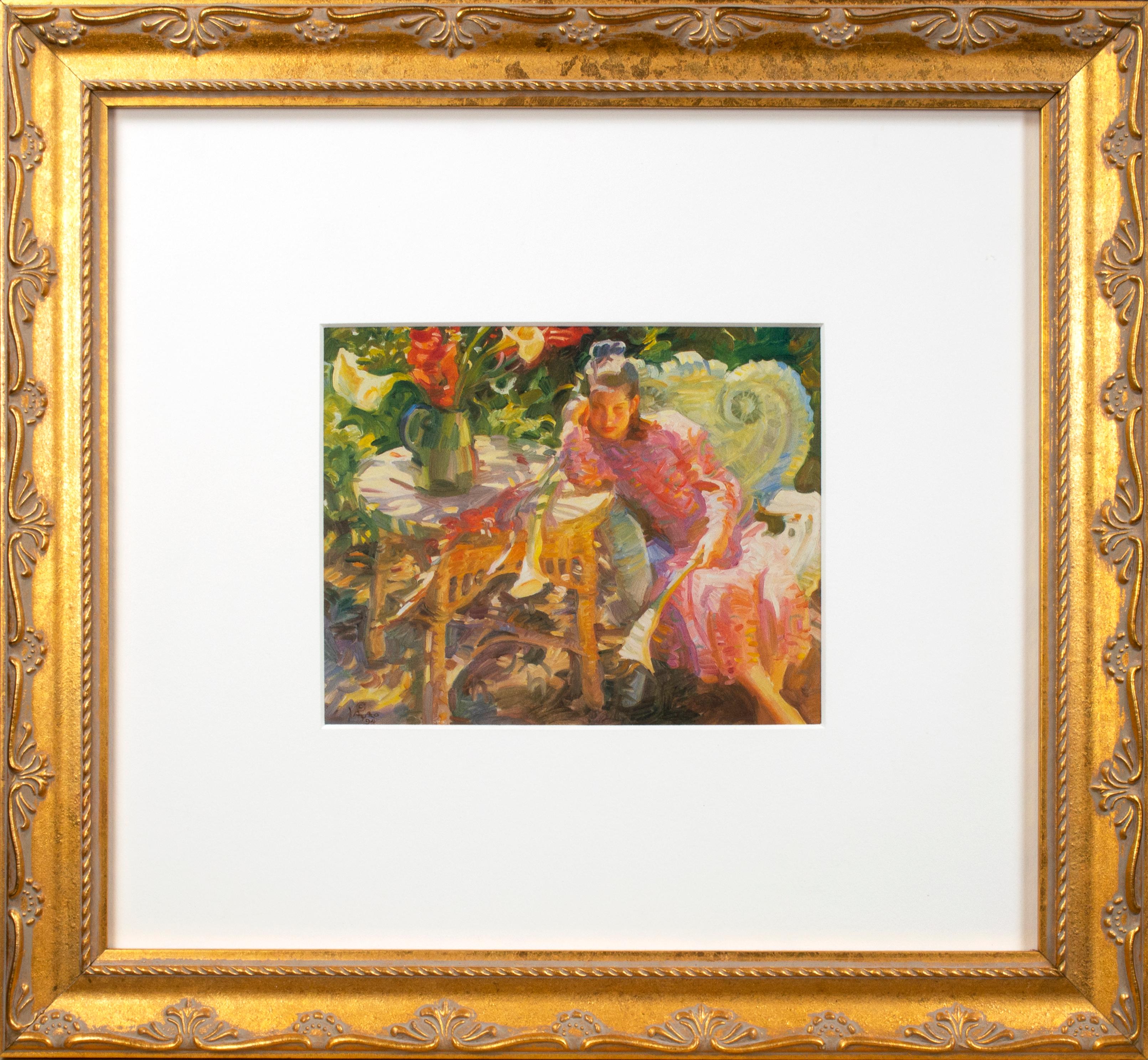 Lithographie offset Daydream de la peinture à l'huile d'une jeune fille avec un meuble en osier