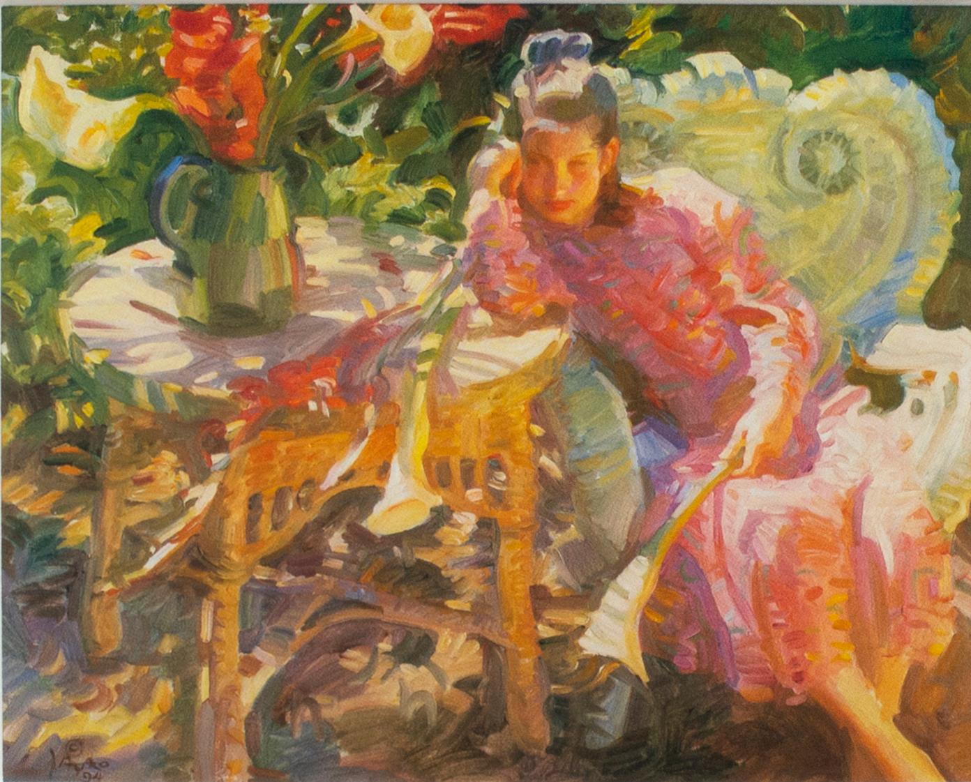 'Daydream' offset lithograph from the oil painting girl with wicker furniture - Print by John Asaro