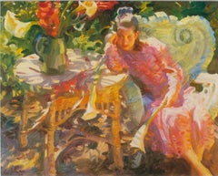 'Daydream' offset lithograph from the oil painting girl with wicker furniture