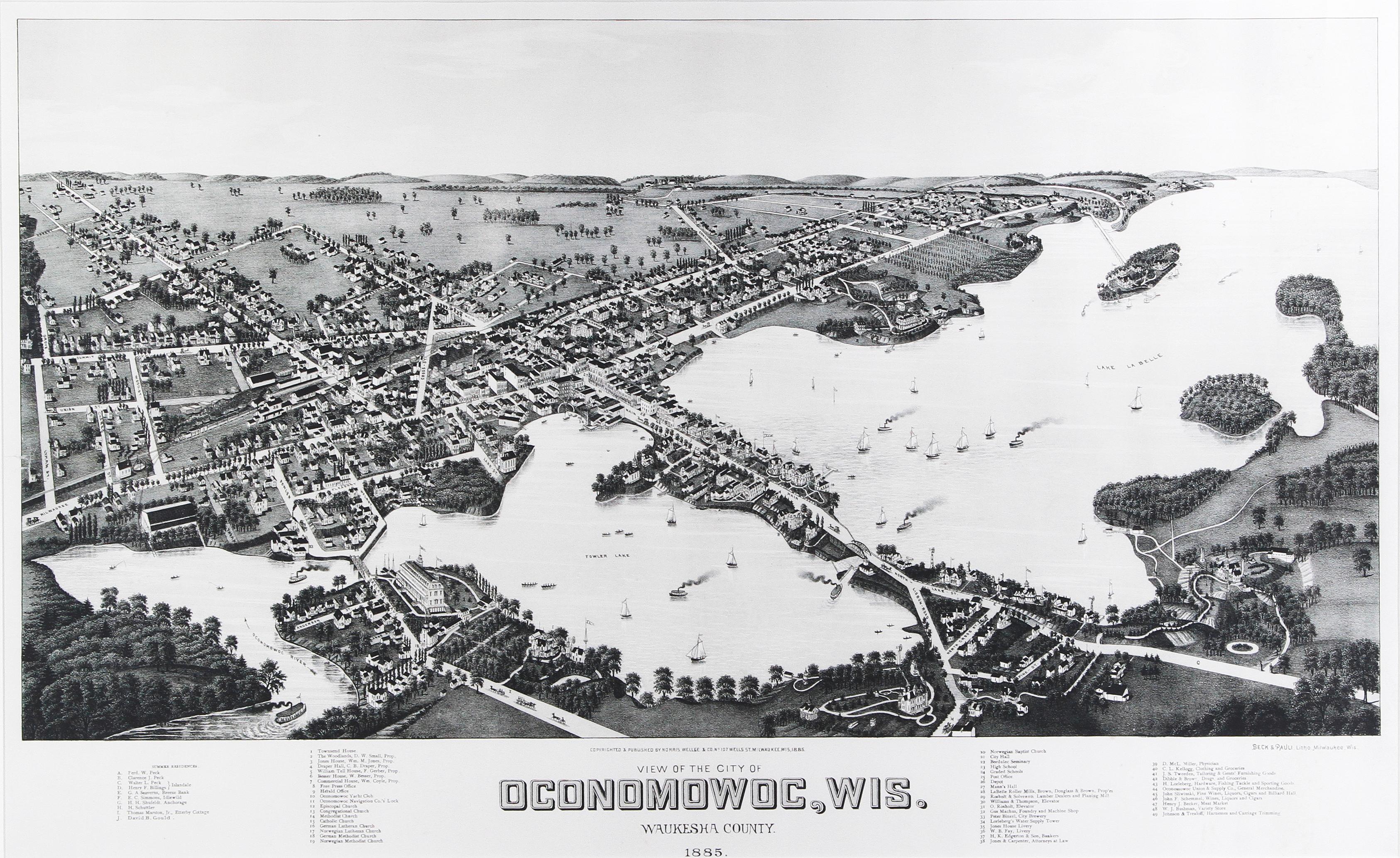 'View of the City of Oconomowoc, Wis.' giclée after 1885 original lithograph - Print by Beck & Pauli (Adam Beck and Clemens J. Pauli)