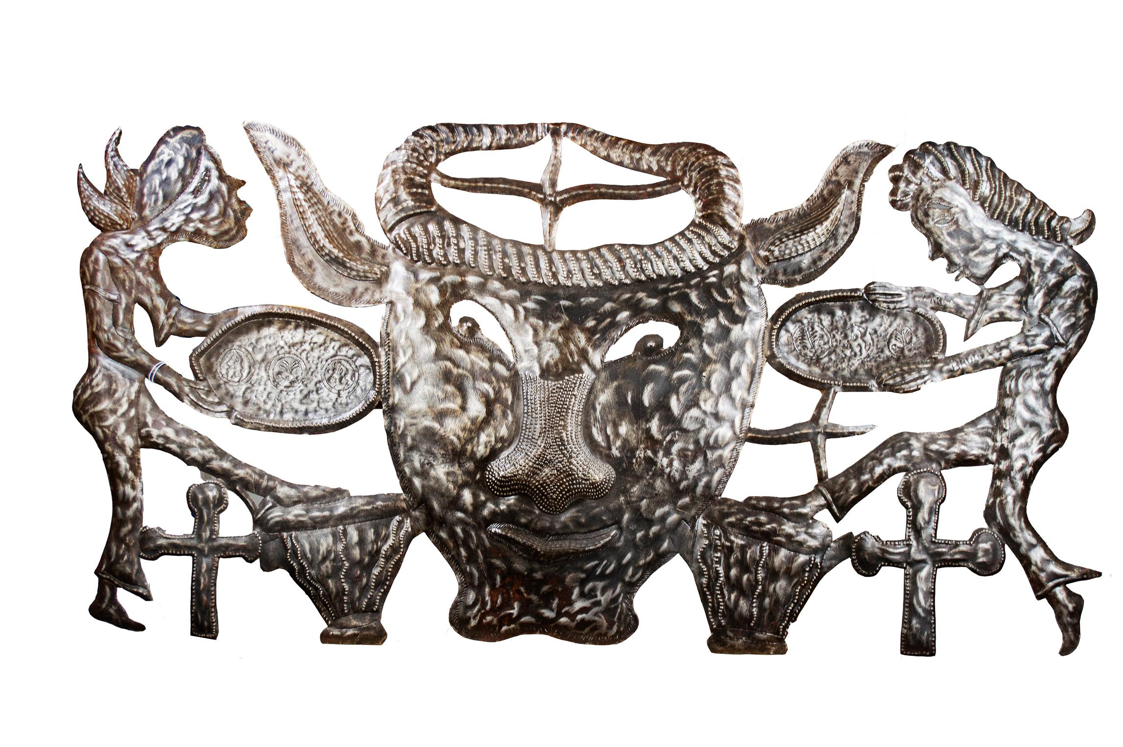 'Bossou (Horned Bull)' original steel drum relief with Voudou Lwa figures - Art by Jean Carlo Brutus