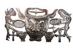 'Bossou (Toro cornuto)' rilievo originale di tamburo in acciaio con figure Voudou Lwa