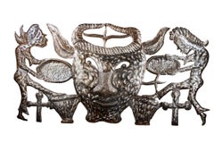 Vintage 'Bossou (Horned Bull)' original steel drum relief with Voudou Lwa figures