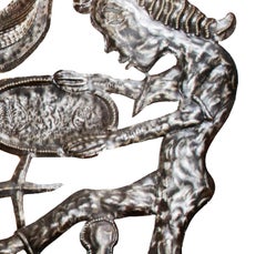 'Bossou (Horned Bull)' original steel drum relief with Voudou Lwa figures