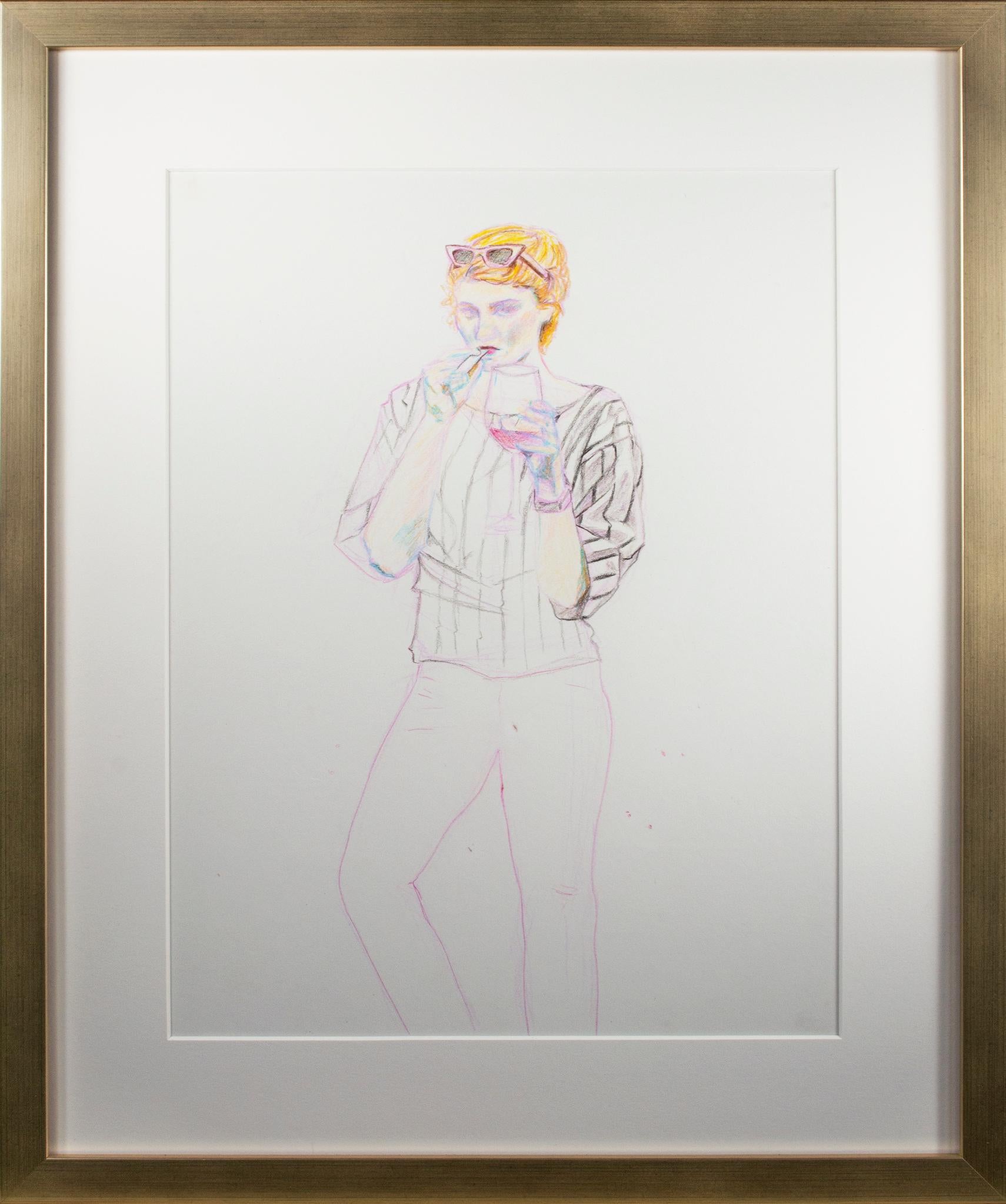 Elise Rise Figurative Art – Original-Farbstiftzeichnung „Woman Vaping Juul“ aus der Serie „Hinged“