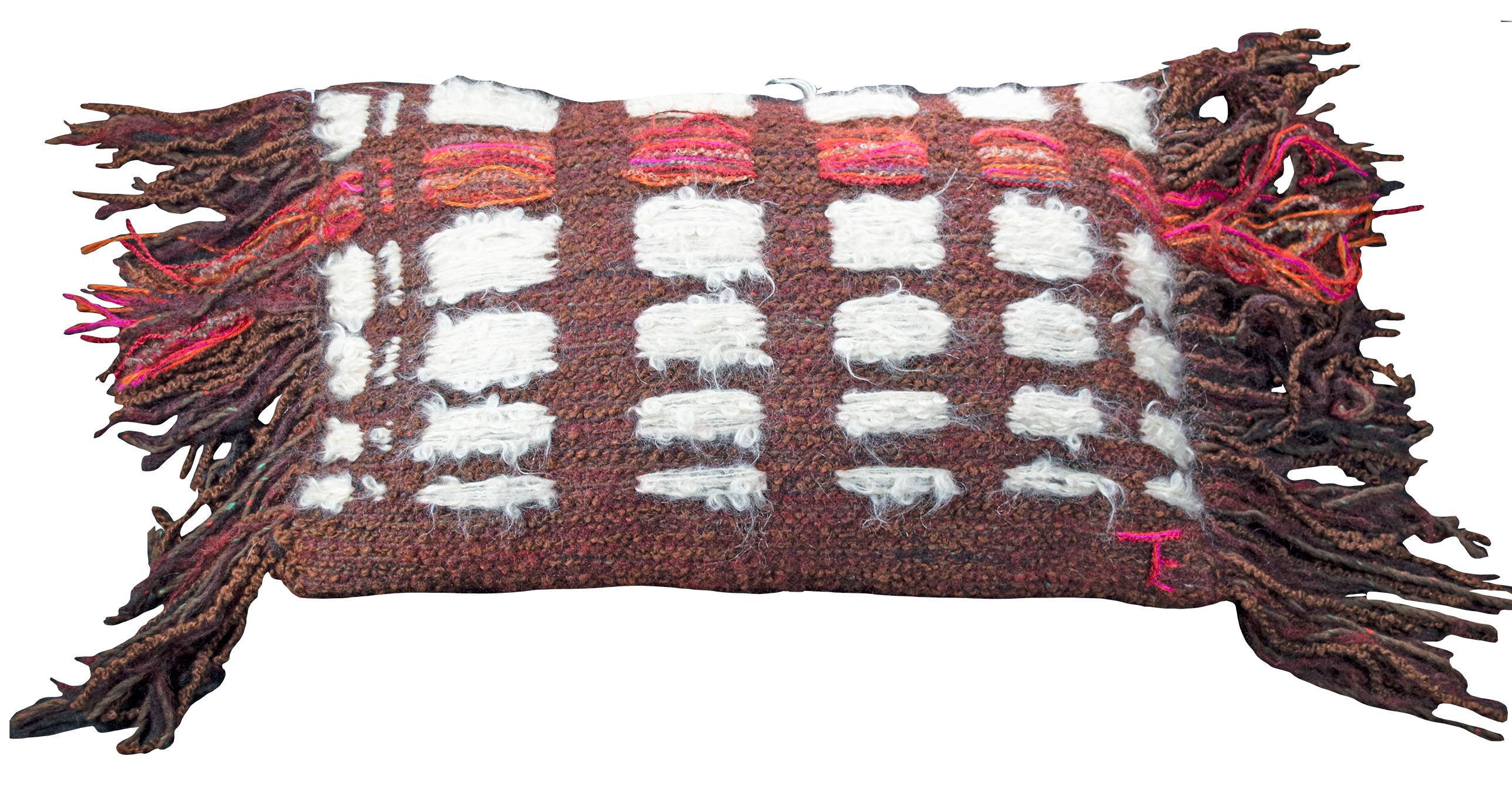 Handwoven pillow with brown, white, orange and pink stripes and fringe - Art by Toni Ettenheim