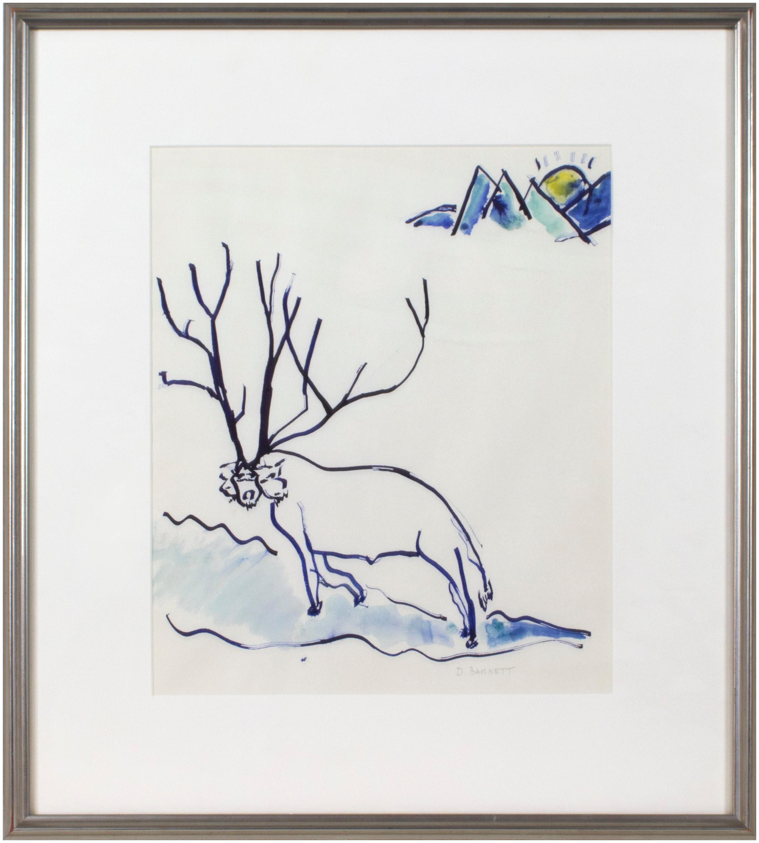 David Barnett Animal Art - 'Reindeer' original signed watercolor painting, winter ice mountains reindeer