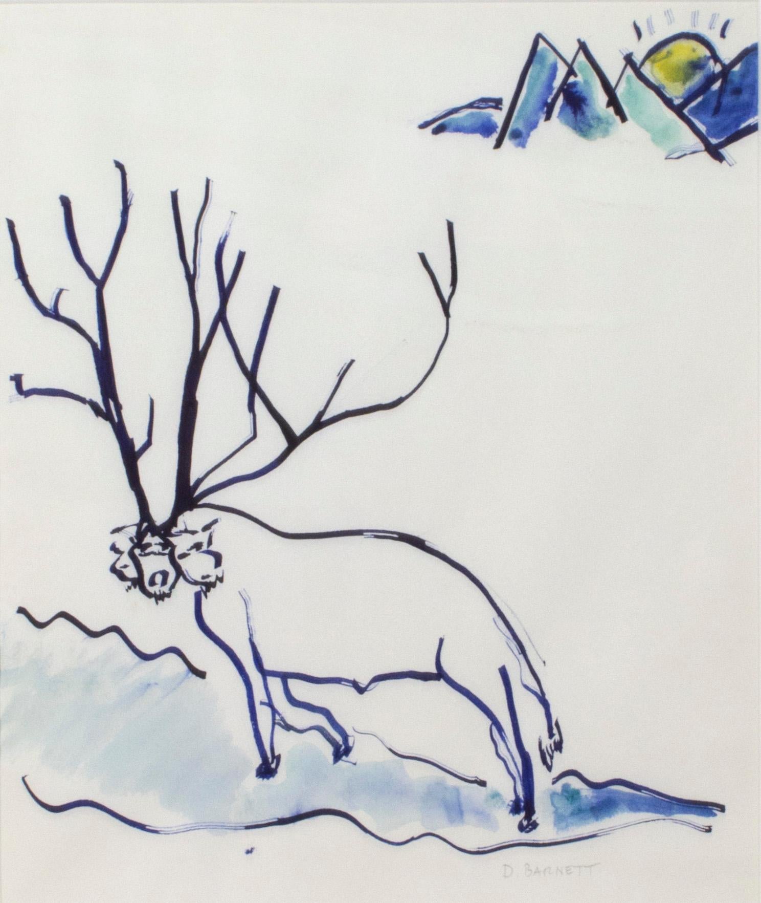 'Reindeer' original signed watercolor painting, winter ice mountains reindeer - Art by David Barnett