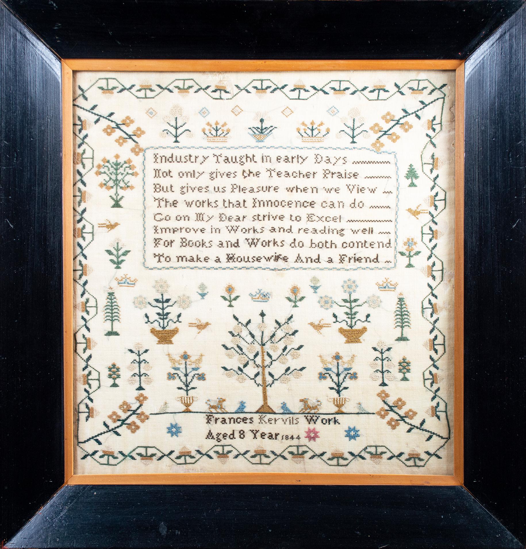 'Cross stitch' original 19th c. sampler with didactic poem and floral design - Art by Frances Kervil