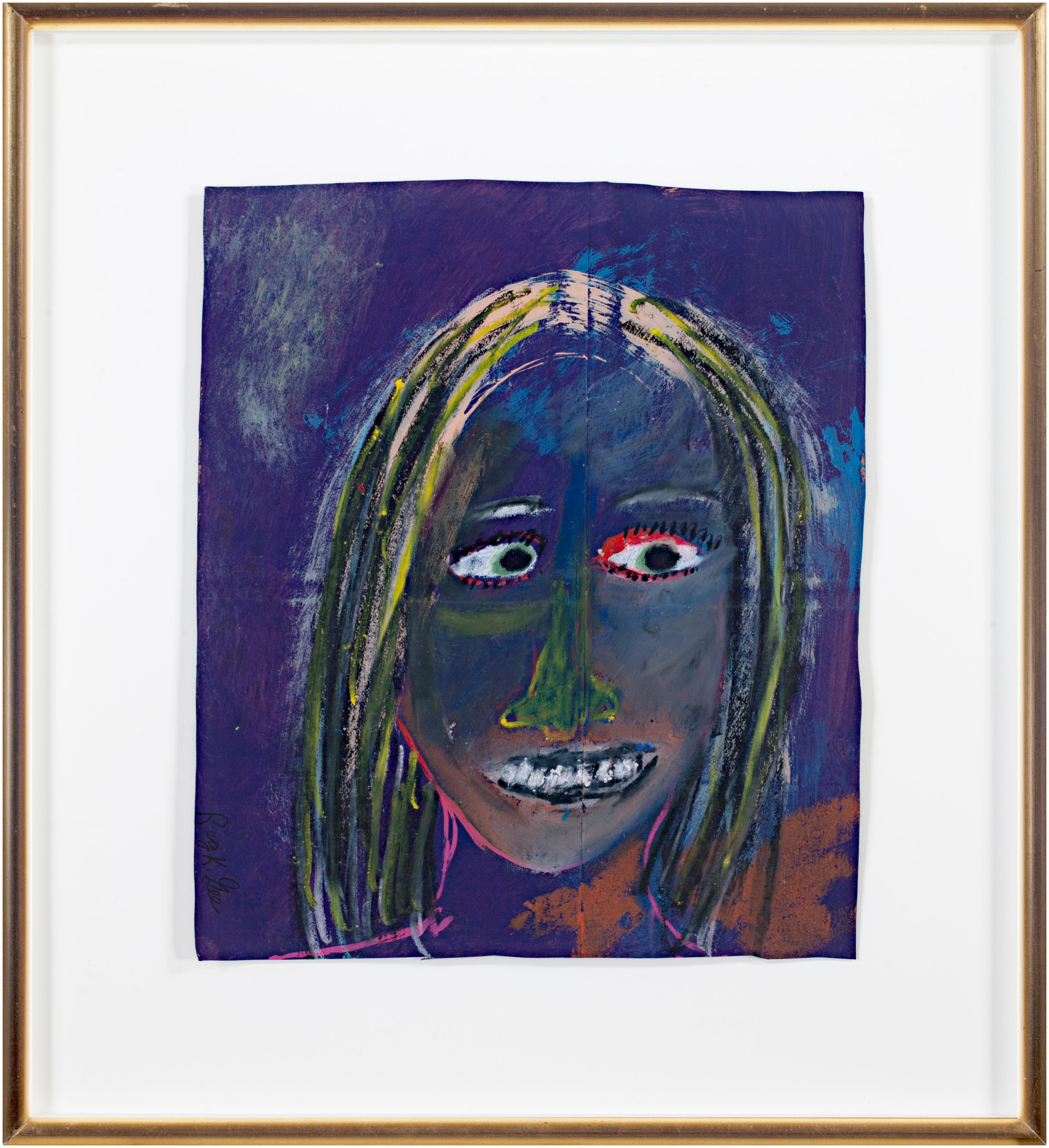 Reginald K. Gee Figurative Art - 'Deep Blue With Pamela' original signed pastel portrait drawing purple and green