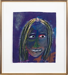 Vintage 'Deep Blue With Pamela' original signed pastel portrait drawing purple and green