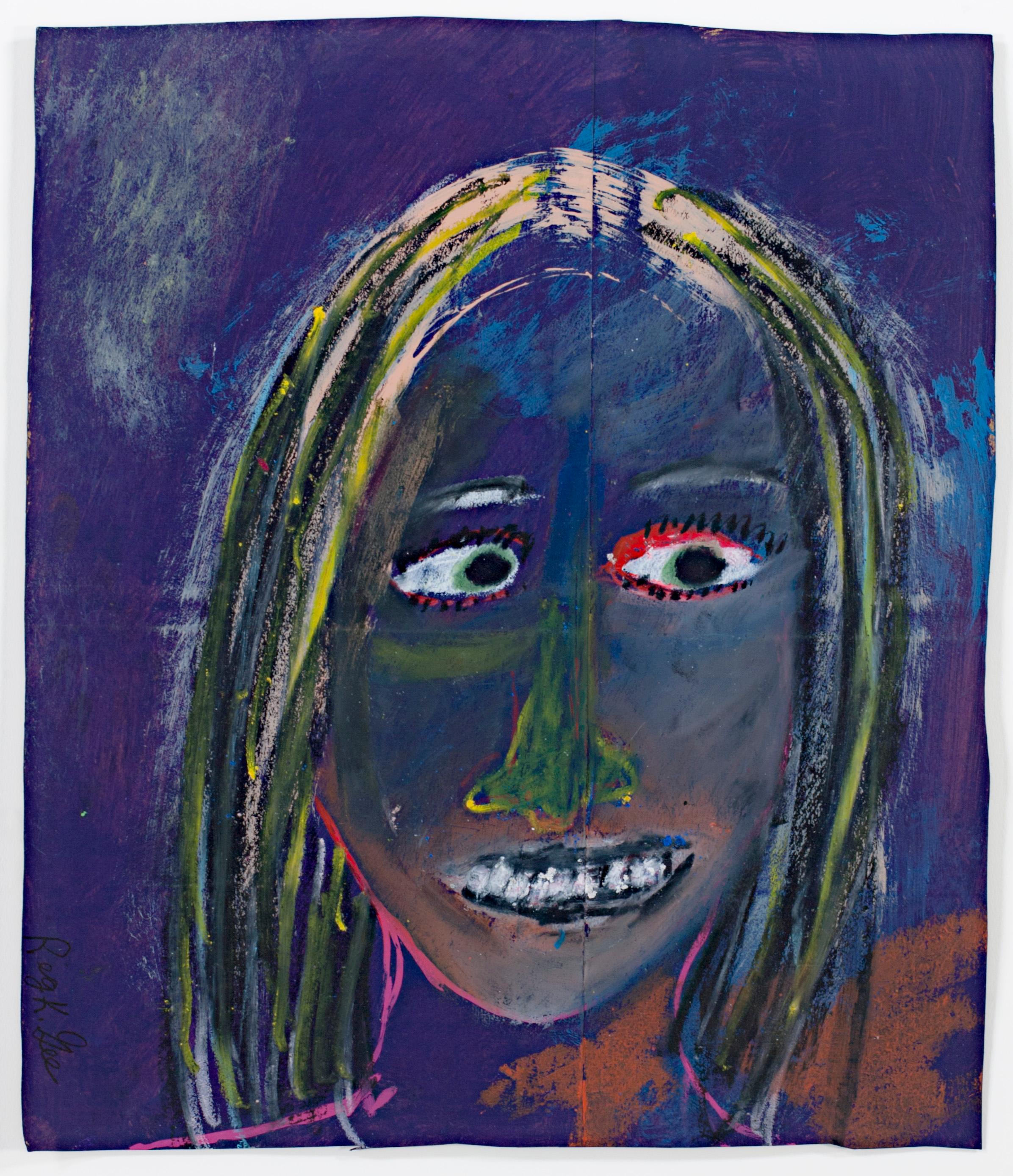 Original signierte Pastellporträtzeichnung „Deep Blue With Pamela“ in Violett und Grün – Art von Reginald K. Gee