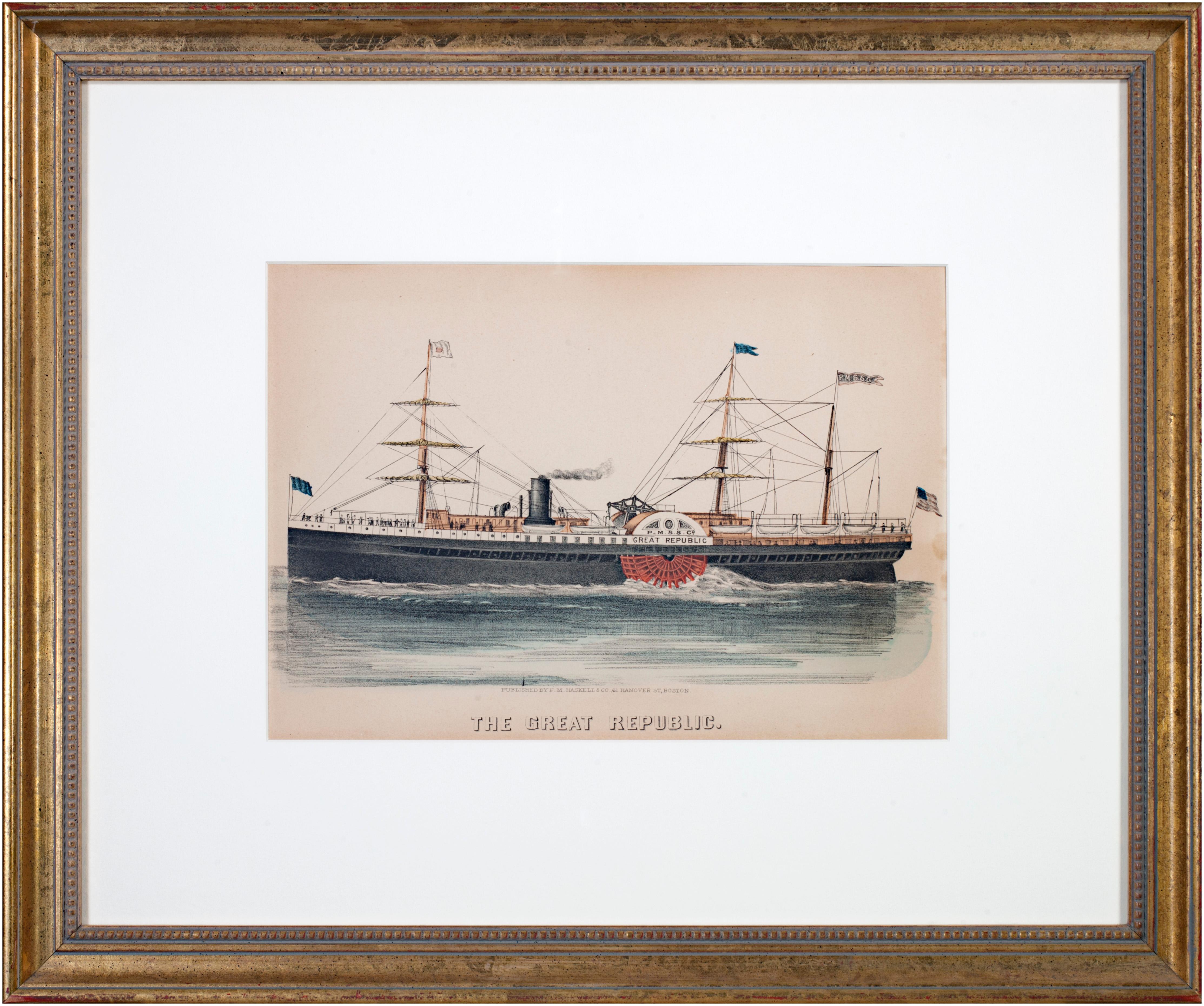 Print F.M. Haskell & Co. - The Great Republic" lithographie originale coloriée à la main d'un bateau à vapeur