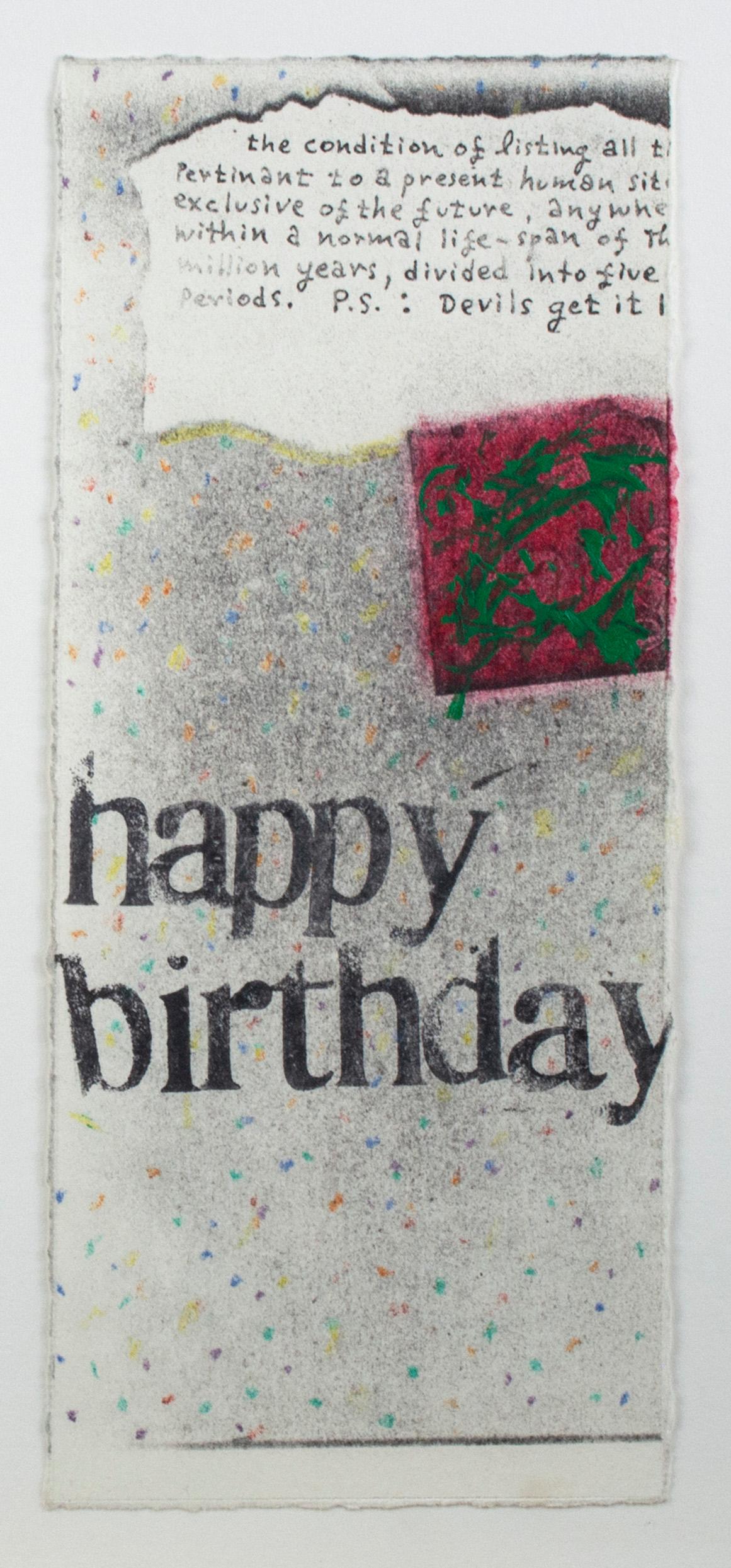 This set of four birthday collage cards are rare early examples of the small-scale collages that American artist Joel Jaecks began producing in the 1980s. Jaecks began working in watercolors when he was studying at UW-Milwaukee, but at the same time