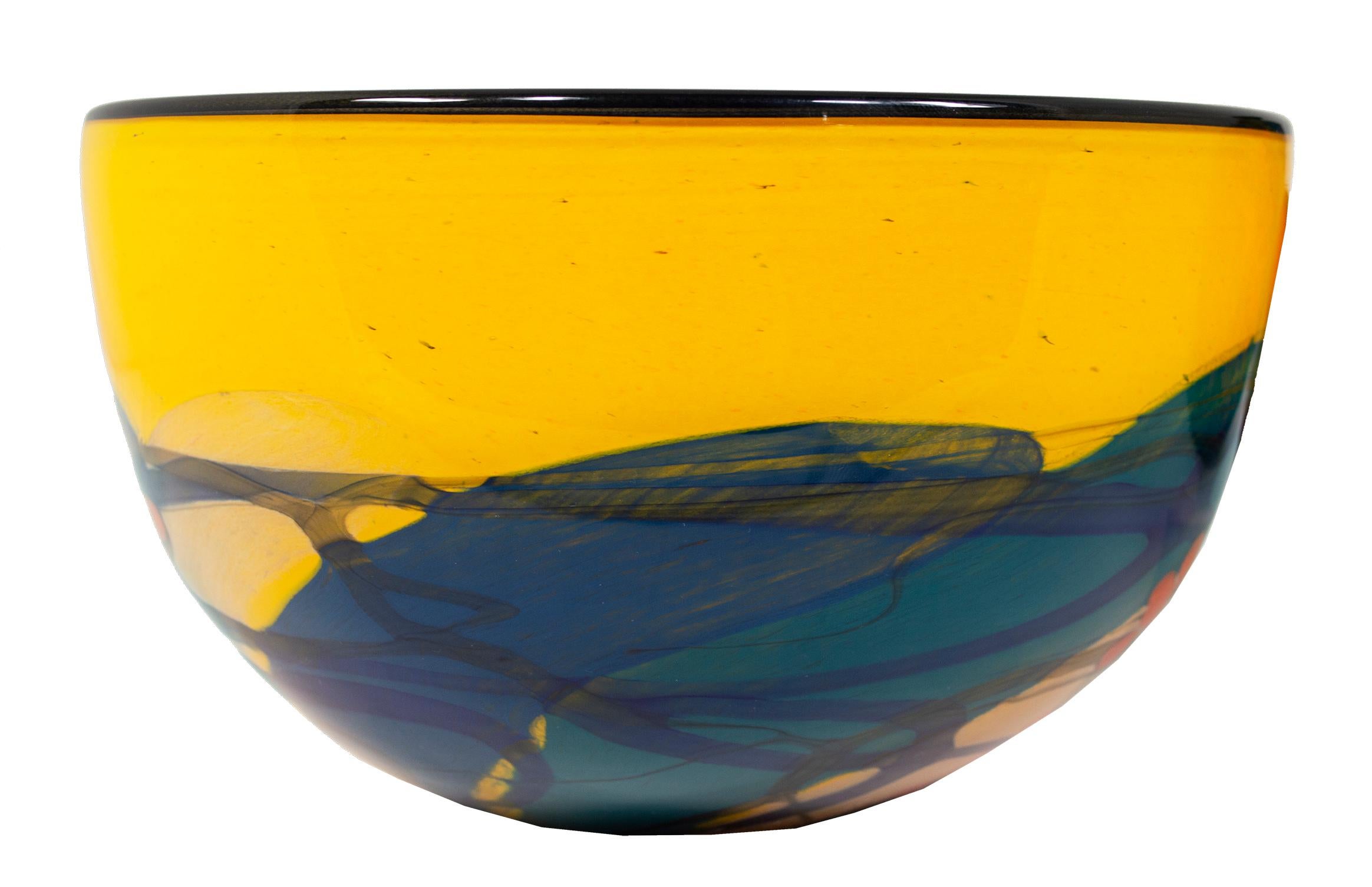 Drawing inspiration from the gestural composition techniques of Abstract Expressionism, Ioan Nemtoi's 'Yellow Bowl' features a brilliant array of colors that seem to shift before the observer's very eyes. Because all of his pieces are hand-blown, no