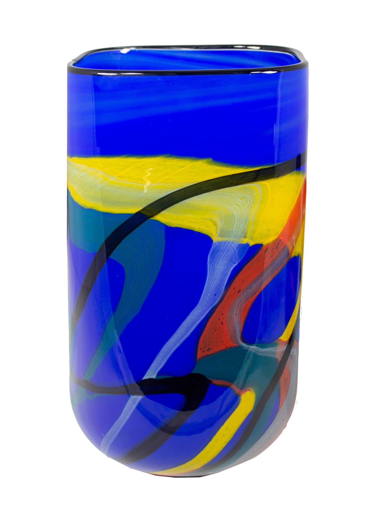 'Blue Sea Square Vase' original blue hand-blown glass vase signed by Ioan Nemtoi