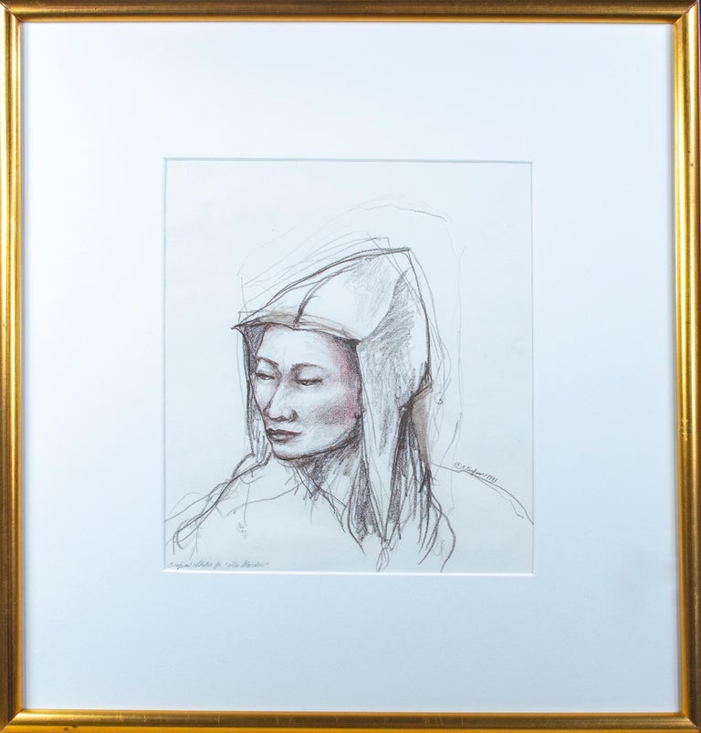 10 1/4" x 8 3/4" art
18 1/2" x 17 1/4" frame

This sketch for 'The Garden' is an original drawing in sepia by American artist Karin Krohne Kaufman. Being a sketch, the drawing offers insight into Kaufman's working method and thought process: lines