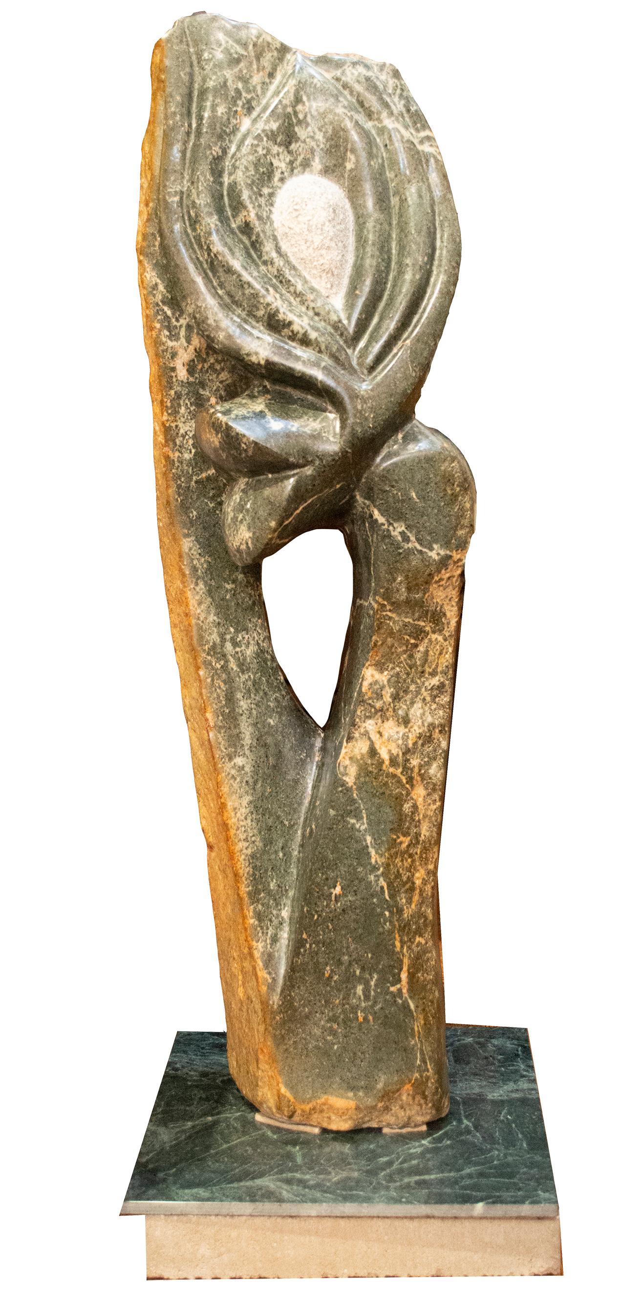 l'anneau de l'espoir est une sculpture originale en pierre shona signée par l'artiste zimbabwéen Wonder Mazhindu Bumhira. Cette sculpture est un excellent exemple de ses œuvres abstraites. Des figures organiques et courbes émergent de la pierre,