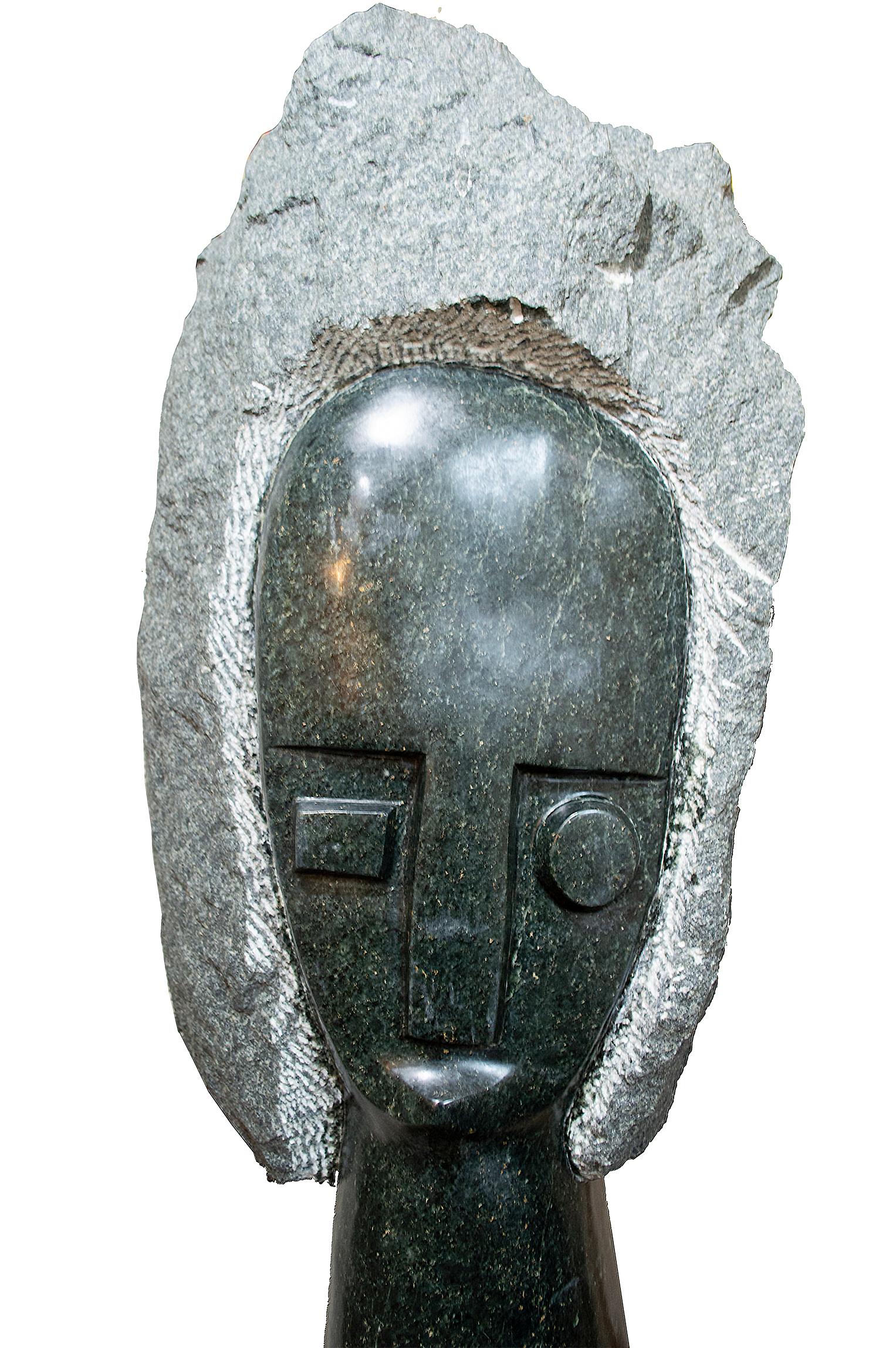 'African Queen' is an original opal serpentine stone sculpture signed by the contemporary Zimbabwean artist Chenjerai Chiripanyanga. The sculpture itself stands tall and proud like a totem, the queen's head atop. The treatment of the stone