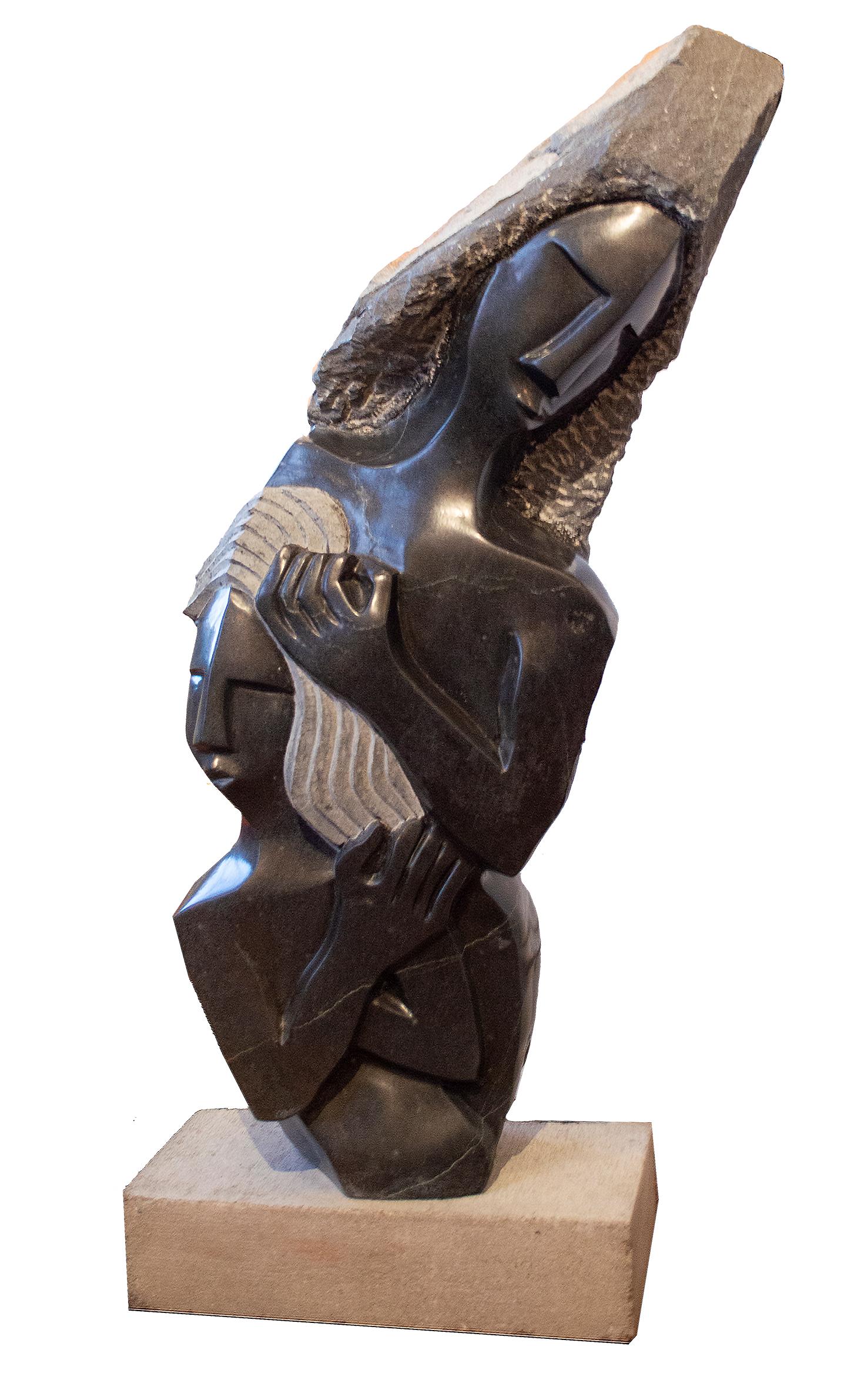 'Nursing a Firstborn' is an original stone sculpture signed by the Zimbabwean artist Munyaradzi Mukungurutse. The sculpture works with the theme of family relationships, as is so beloved of the Shona tradition of sculptors. Leaning with a sweeping