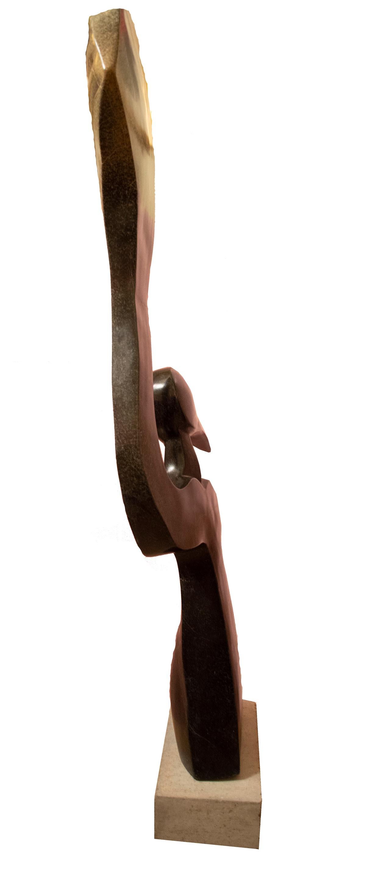 'Hope' original springstone sculpture signed by Zimbabwean artist Dudzai Mushawepwere. The sculpture uses abstraction in the human figure to capture an abstract state of mind: the sculpture presents the form of a woman merged with the form of a