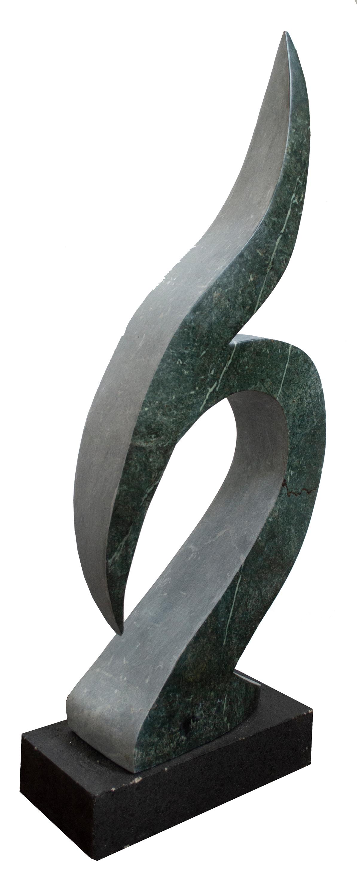 'Saluting Bird' is an original opal serpentine sculpture signed by the Zimbabwean artist Canaan Musiyiwa Ngandu. The sculpture presents an abstract figure in Ngandu's quintessential style: The figure of the bird head is constructed out of a series