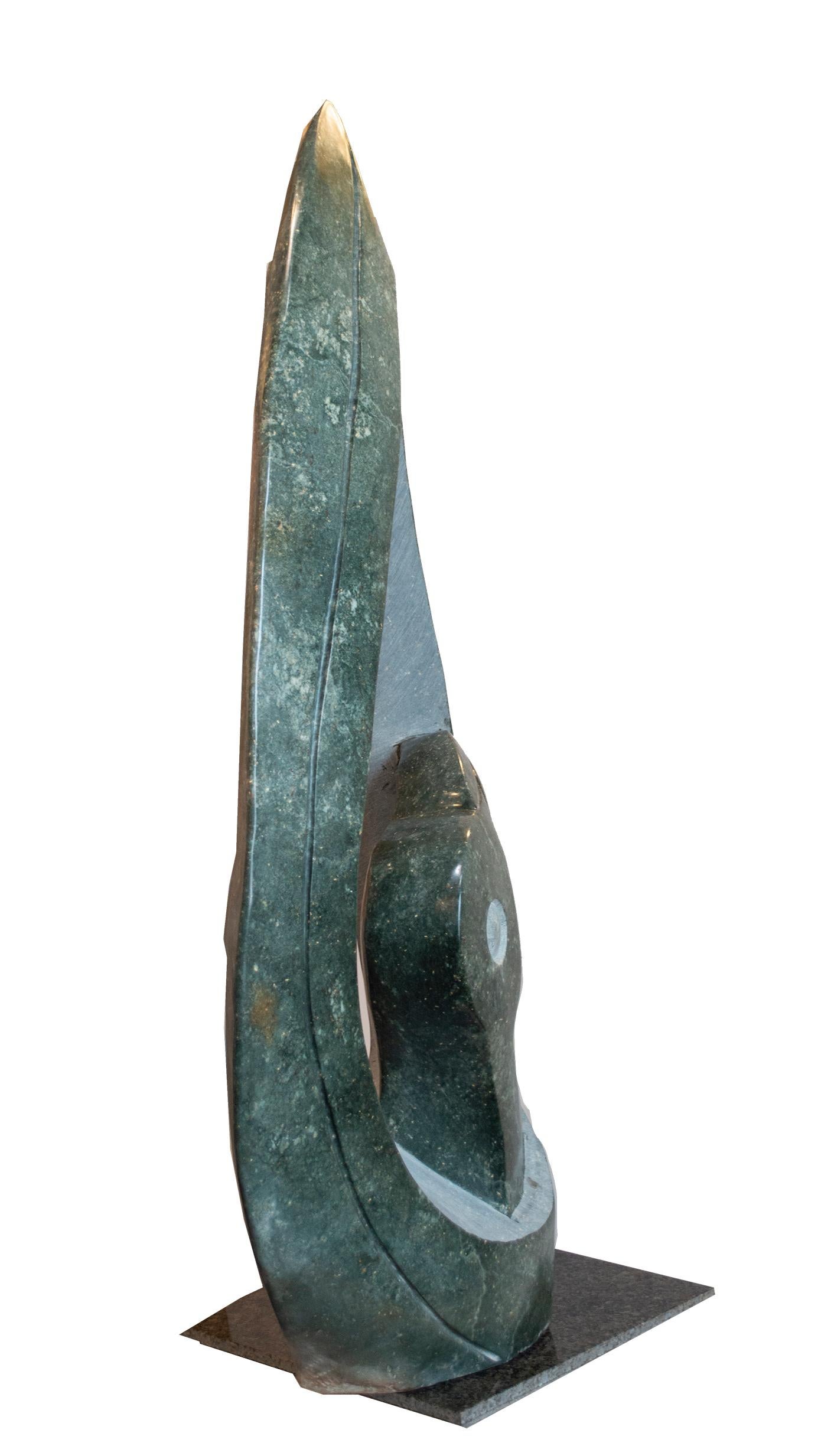 l'oiseau-cigogne est une sculpture originale en opale serpentine signée par l'artiste contemporain zimbabwéen Jonathan Nhete. L'artiste présente dans cette sculpture la figure très abstraite d'un oiseau, dont le long bec et l'œil émergent brillants