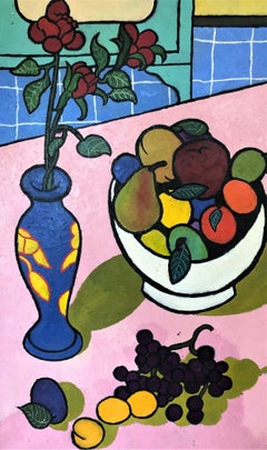 Bol de fruits et vase de fleurs