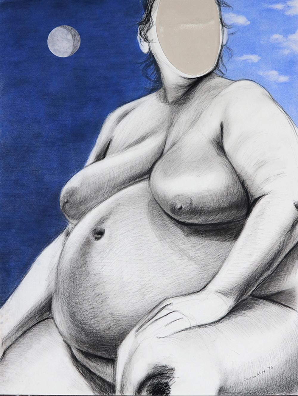 Portrait Painting Susan Kiefer - Déesse (figurative, enceinte, dessin de vie, noir et blanc, miroir)