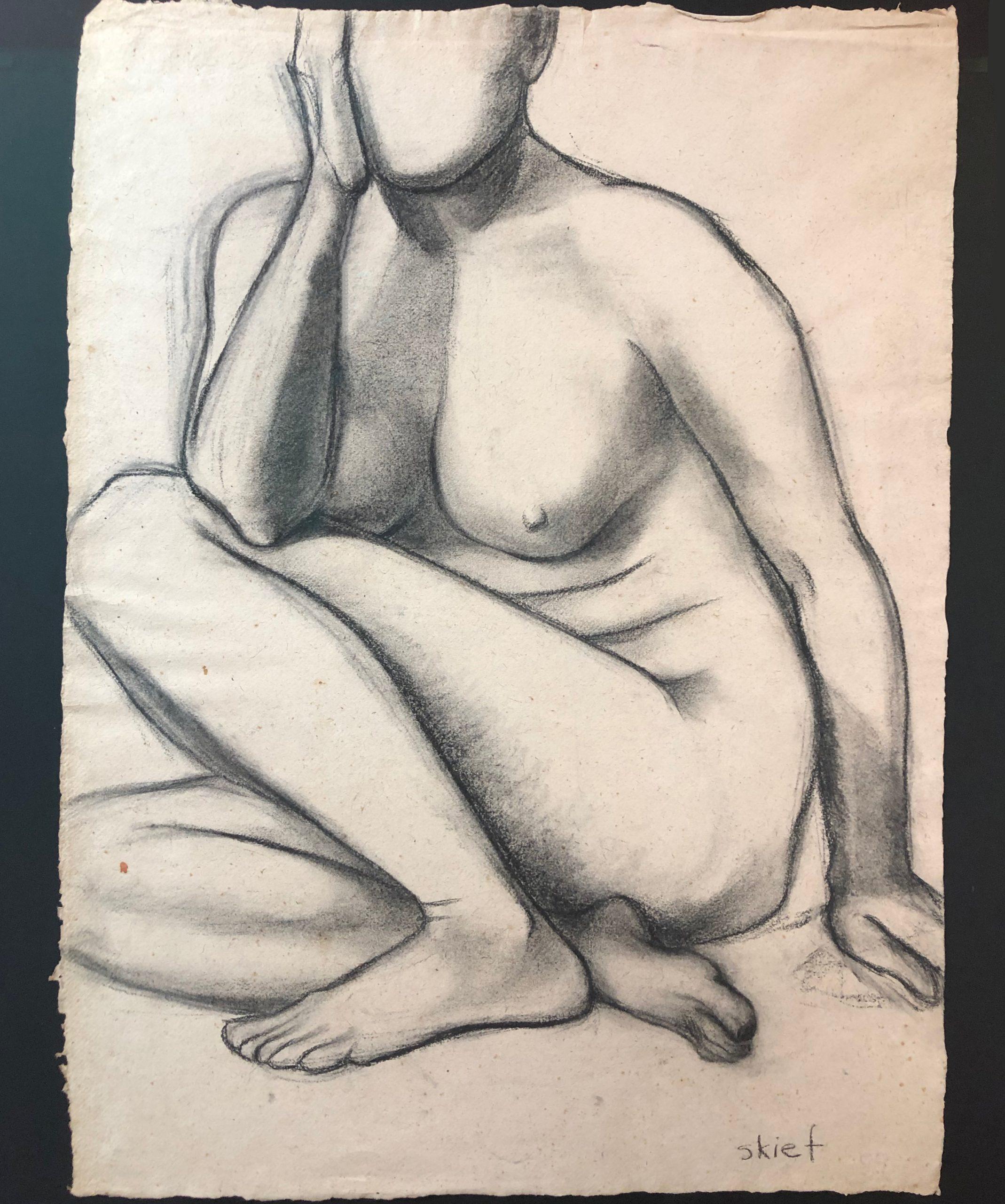 Susan Kiefer Nude - Odalisque (figurative drawing, female figure, charcoal, black and white)