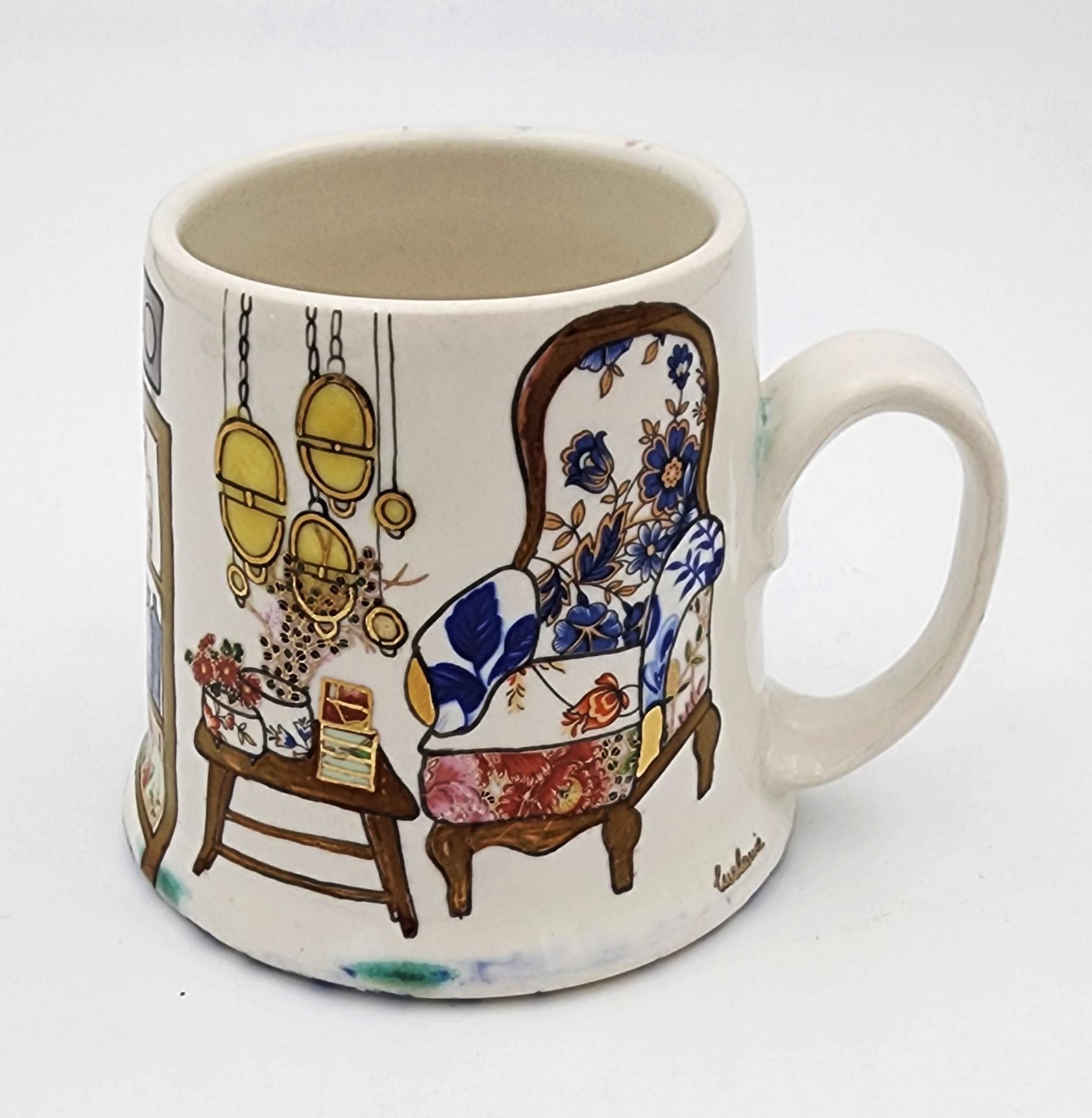 Cup with Interior II (Hand-Painted, Gold Luster, Stereo, Couch, Flowers, Modern)