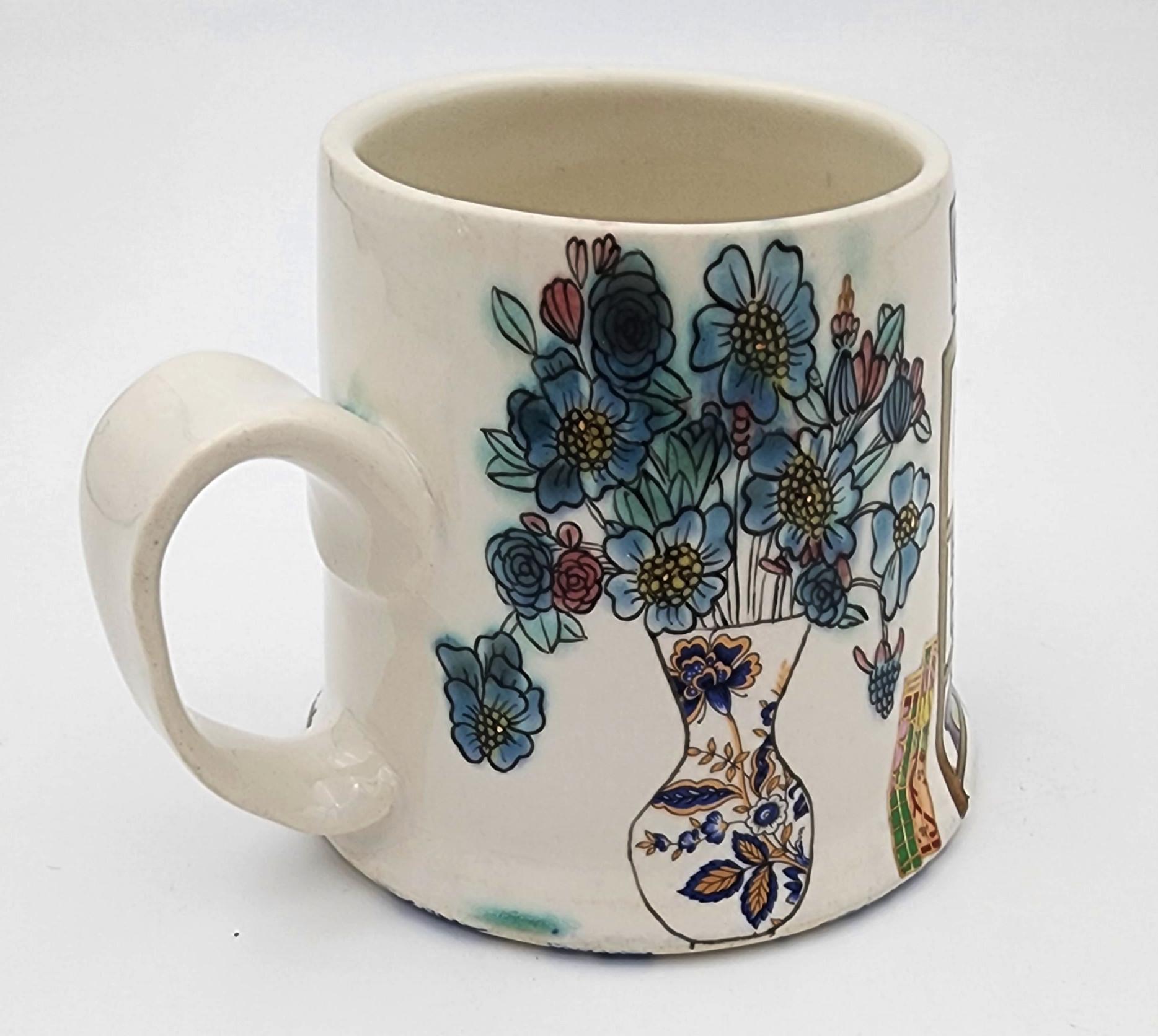 Melanie Sherman
Cup with Interior II (Hand-Painted, Gold Luster, Stereo, Chair, Flowers)
Porcelaneous Stoneware, Underglaze, Glaze, Porcelain Paint, Hand-made Vintage Decals, Gold Luster, Platinum Luster
Year: 2023
Size: 3.25x4.5x3.75in
Signed by