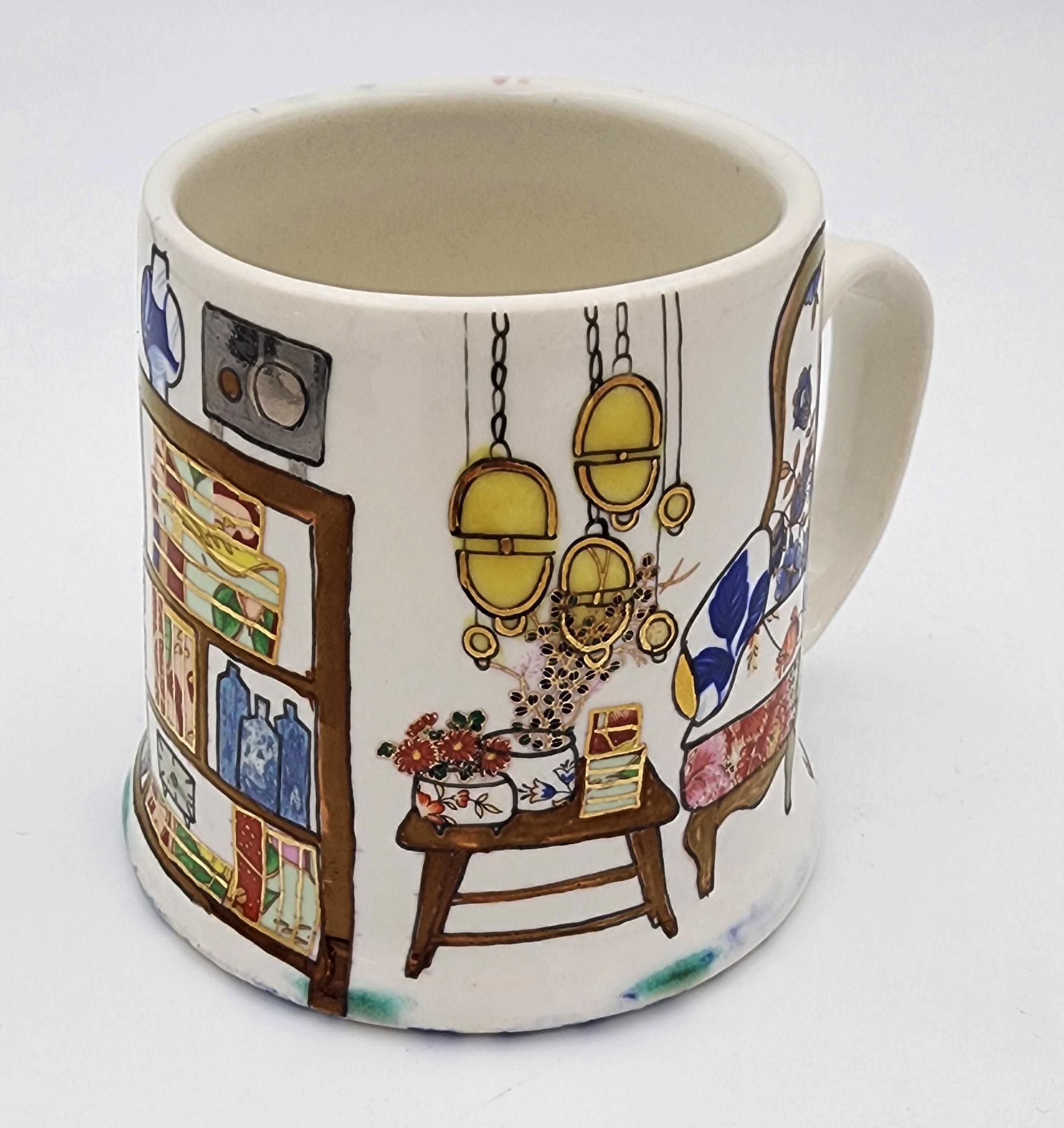 Cup with Interior II (Hand-Painted, Gold Luster, Stereo, Couch, Flowers, Modern) For Sale 3