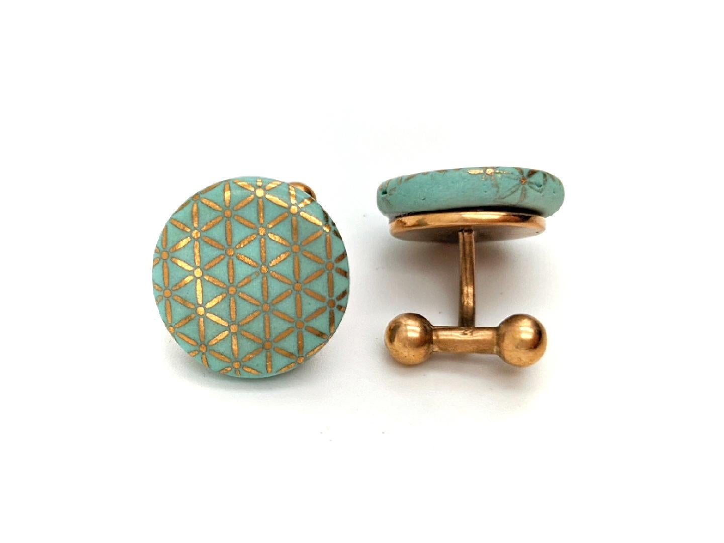 Cufflinks Mint Gold Geometric Pattern Porcelain Jewelry for Men (MADE TO ORDER) - Abstract Geometric Art by Melanie Sherman