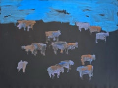 Mitternachts Angus-Zeichnung #3 ( Mittlerer Westen, Rinder, Mid-Century, Prairie, Blau)