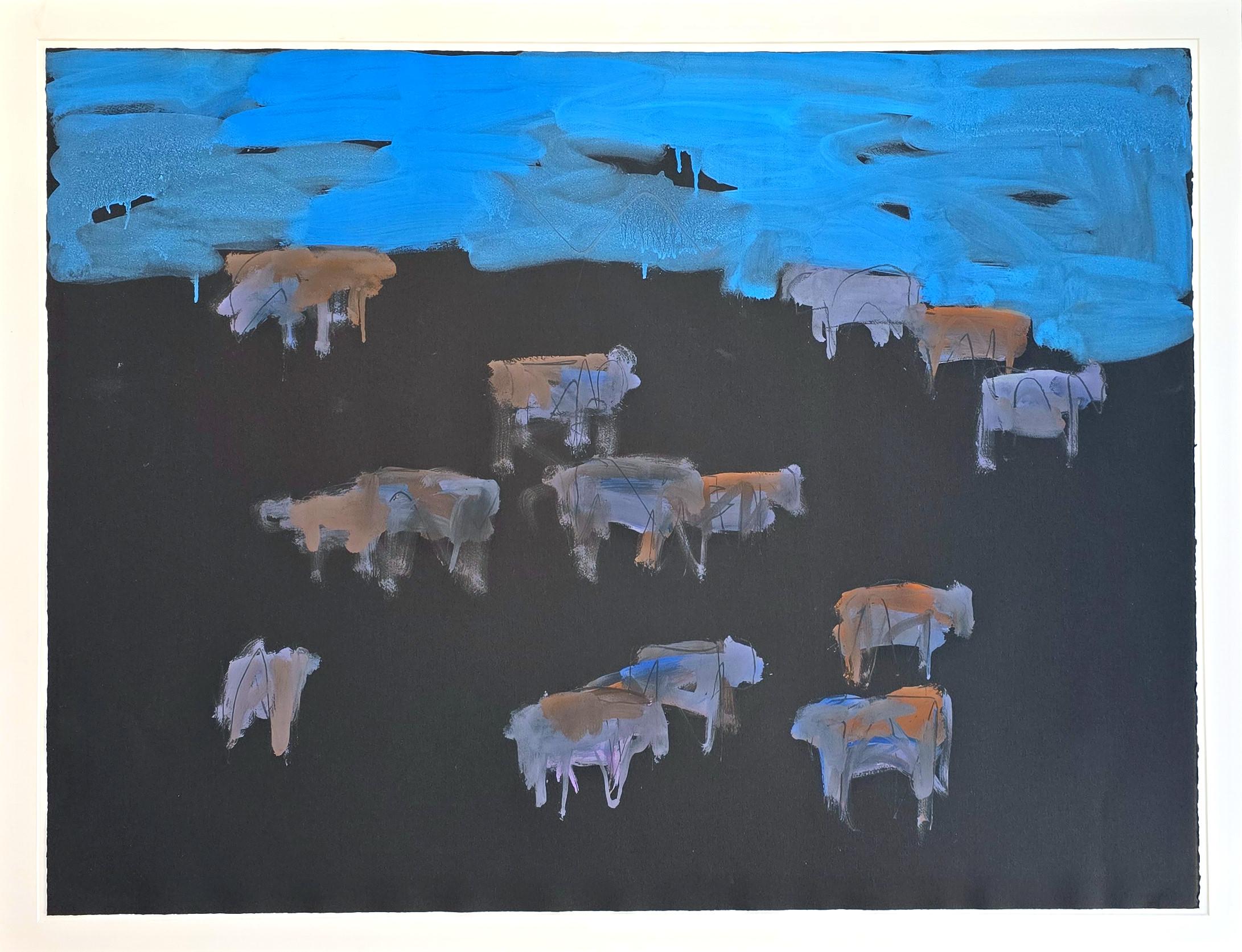 Midnight Angus Drawing #3 (Midwest, Cattle, Mid-Century, Prairie, Blue, 25% OFF) For Sale 1