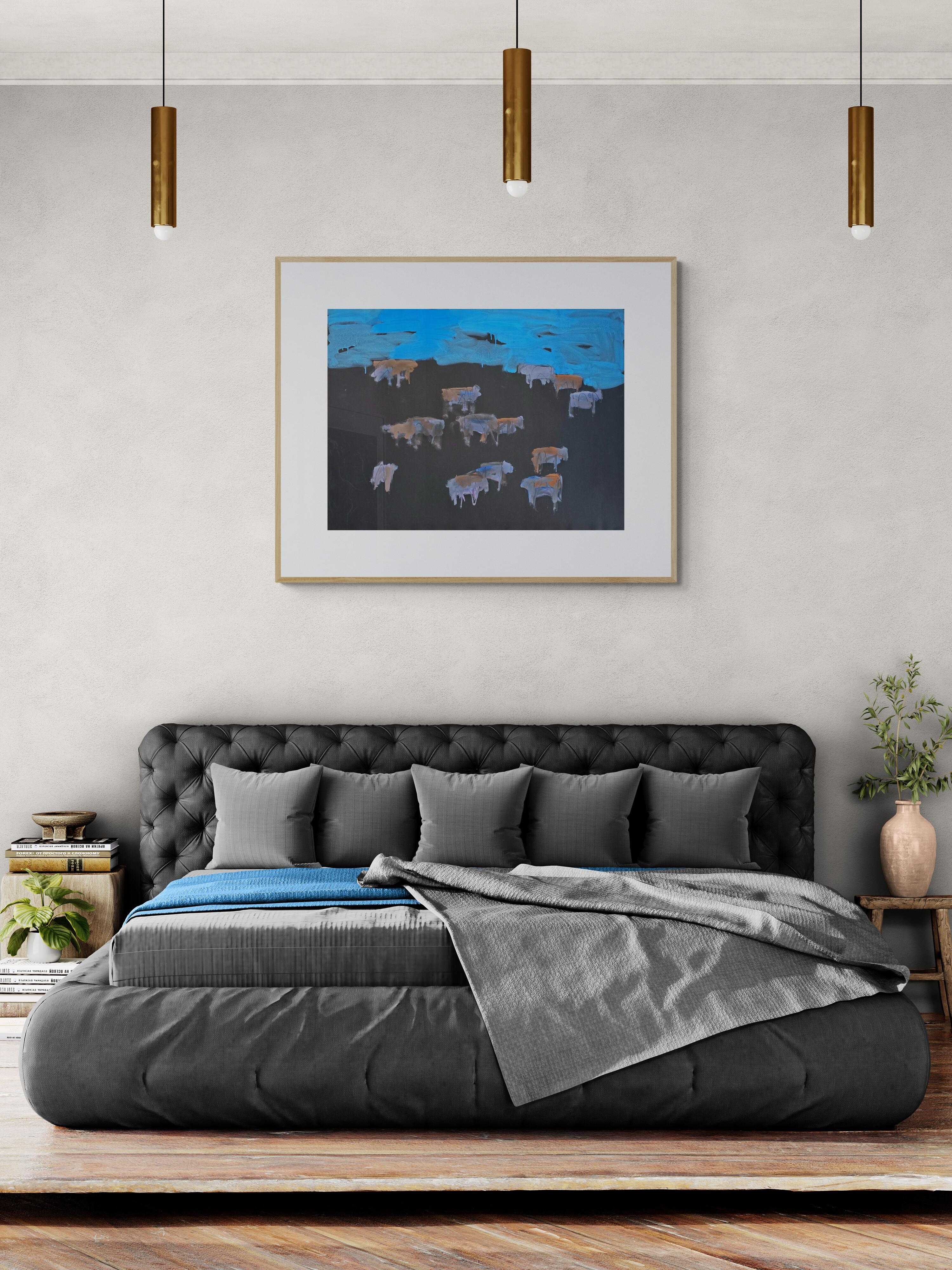 Theodore Waddell
Midnight Angus Drawing #3 (Midwest, Cattle, Mid-Century, Prairie, Blue)
Oil on Paper
Year: 1990
Sheet Size: 30 x 40 inches (76.2 x 101.6 cm)
Mat Size: 33.5 x 43.5 inches (85.09 x 110.49 cm)
Original gallery label attached verso
Copy