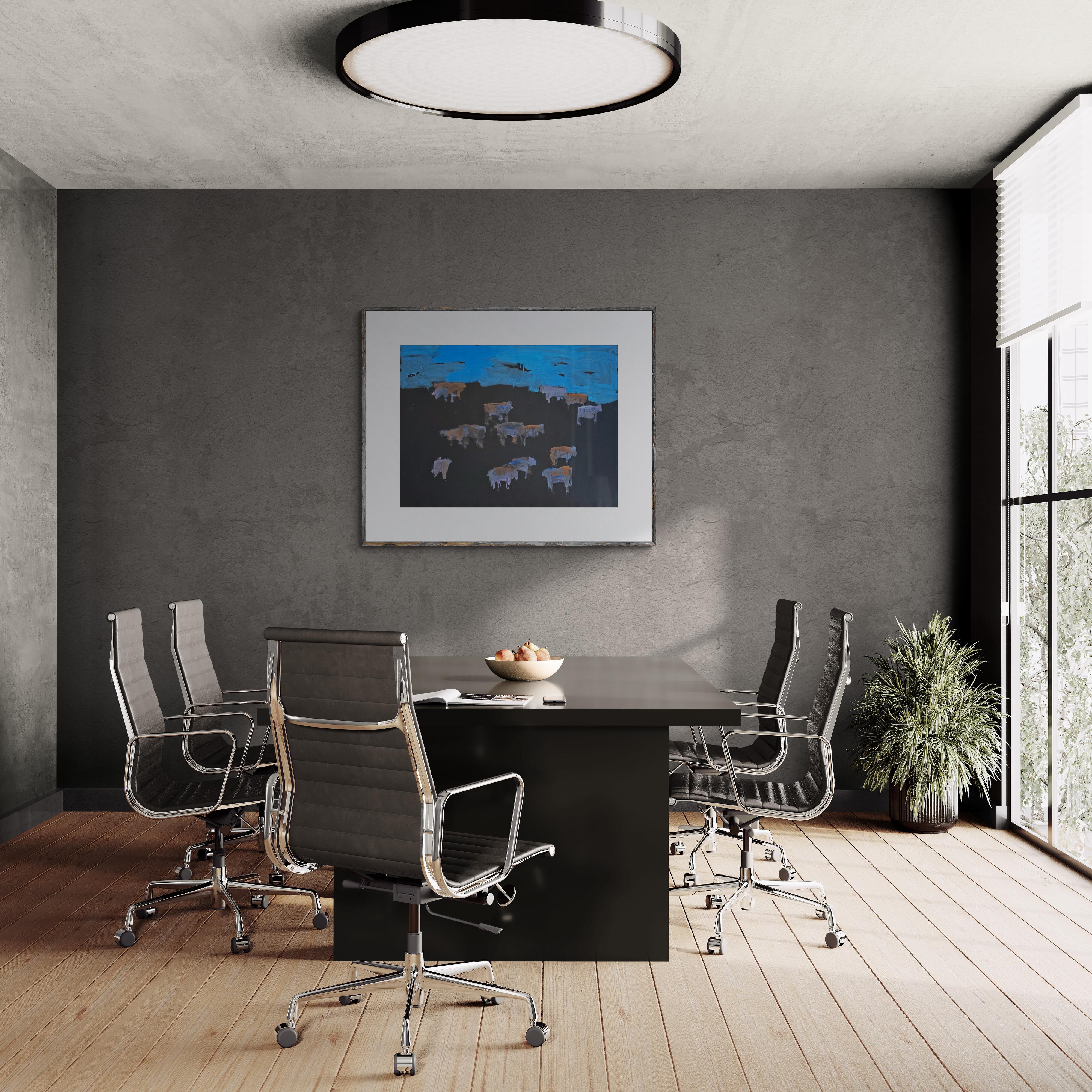 Midnight Angus Drawing #3 (Midwest, Cattle, Mid-Century, Prairie, Blue, 25% OFF) - Modern Art by Theodore Waddell