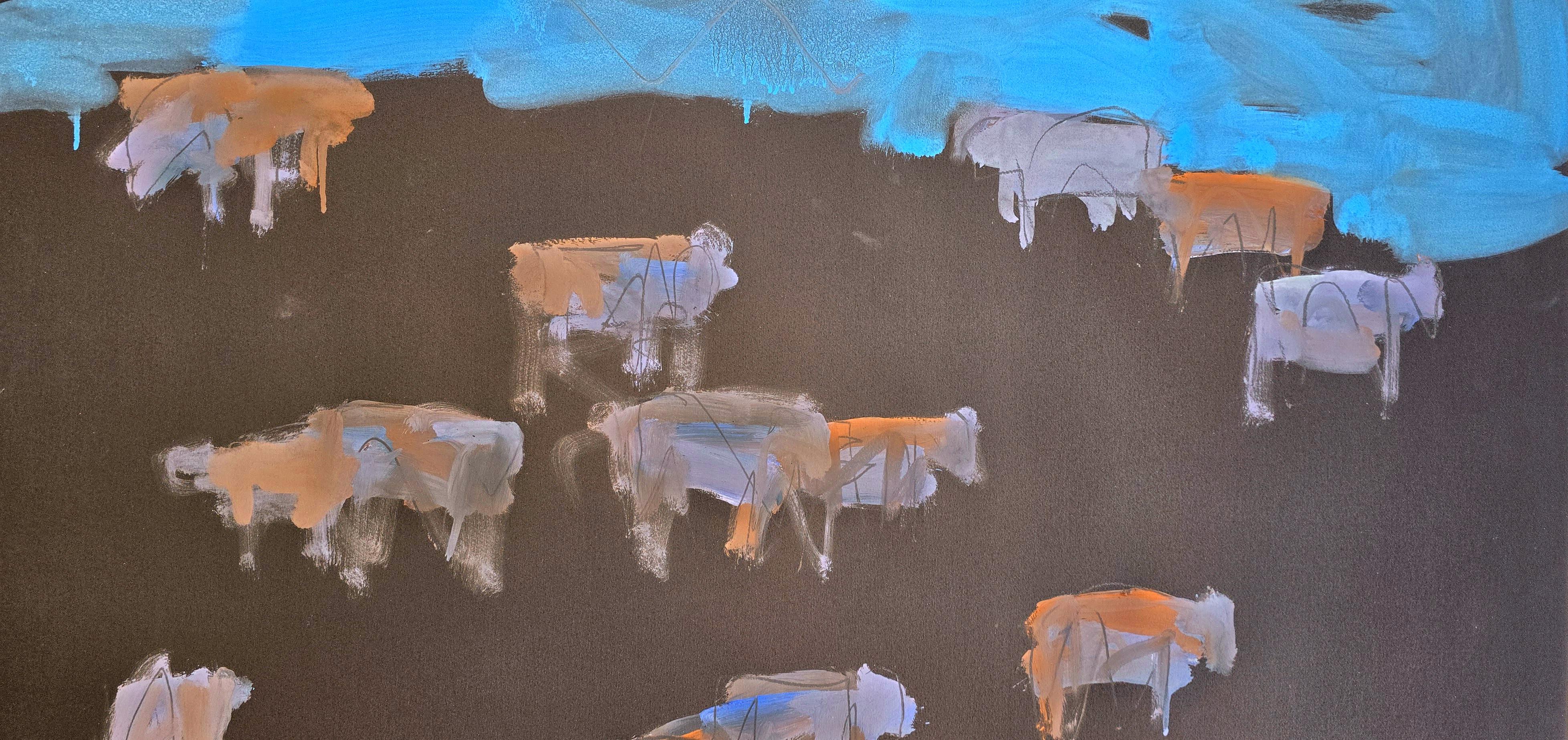 Midnight Angus Drawing #3 (Midwest, Cattle, Mid-Century, Prairie, Blue, 25% OFF) For Sale 6