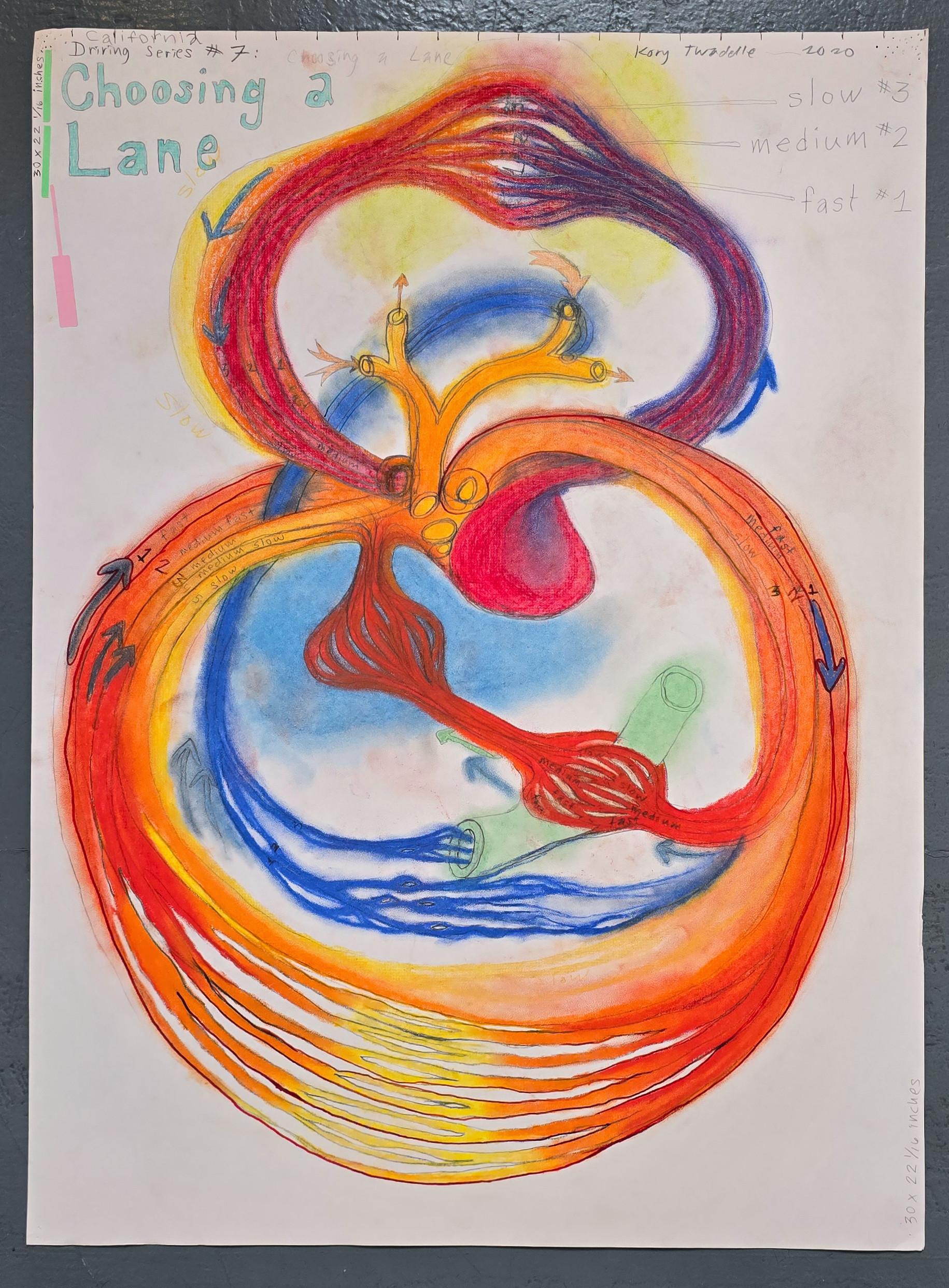 Kory Twaddle
Choosing a Lane
California Driving Series # 7
Pastel, Pencil, Mixed Media on Paper
Year: 2020
Size: 30 x 22 inches (76.2 x 55.88 cm)
Signed, titled and dated in (colored) pencil
COA provided

Kory Twaddle’s work explores the often