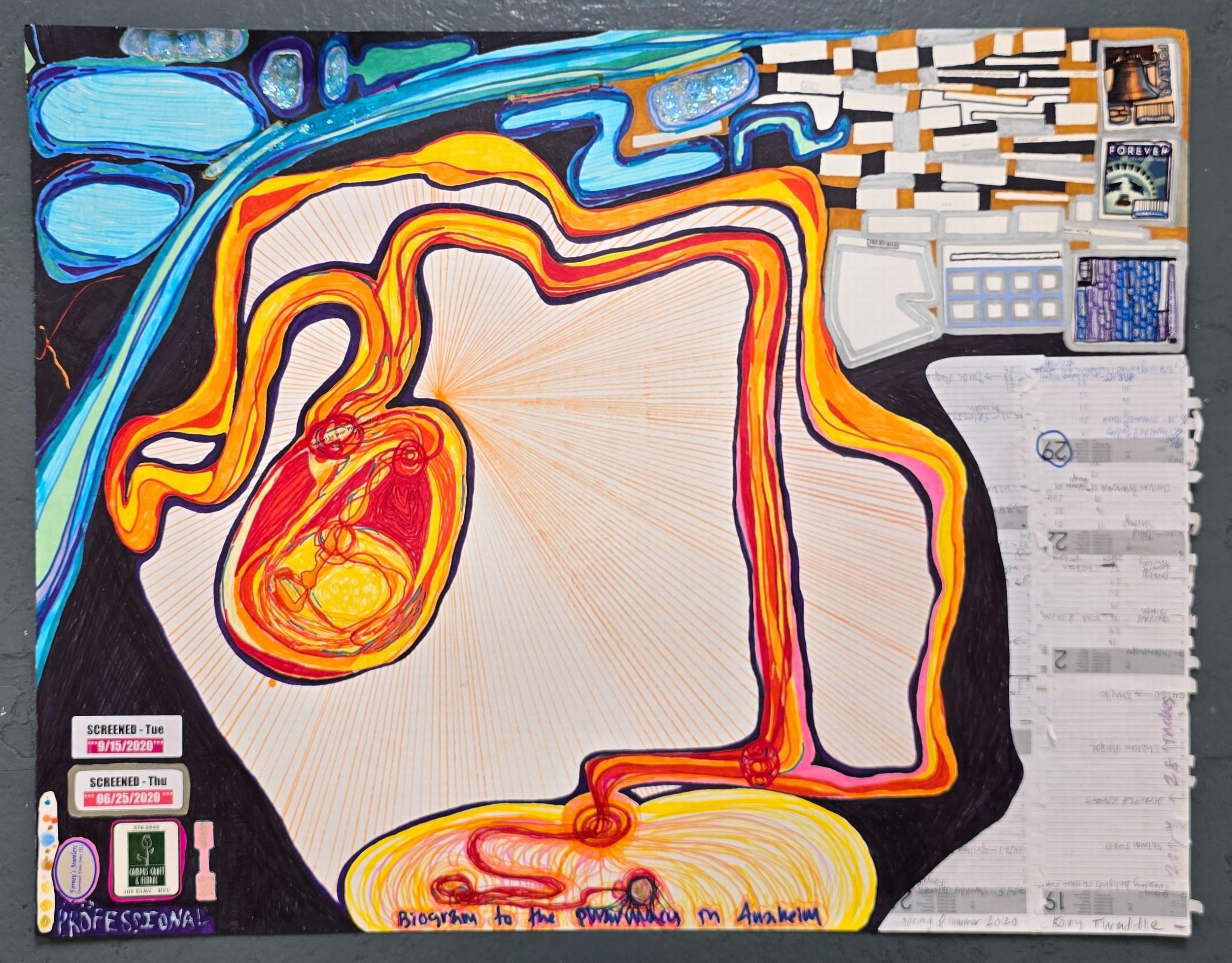Kory Twaddle
Biogram to the Pharmacy in Anaheim (Abstract, Bold, Figurativ, Collage)
Mixed Media Collage on Heavy Paper
Year: 2020
Size: 22 x 28.25 inches (55.88 x 71.75 cm)
Signed, titled and dated in marker and pencil
COA provided

Kory Twaddle’s