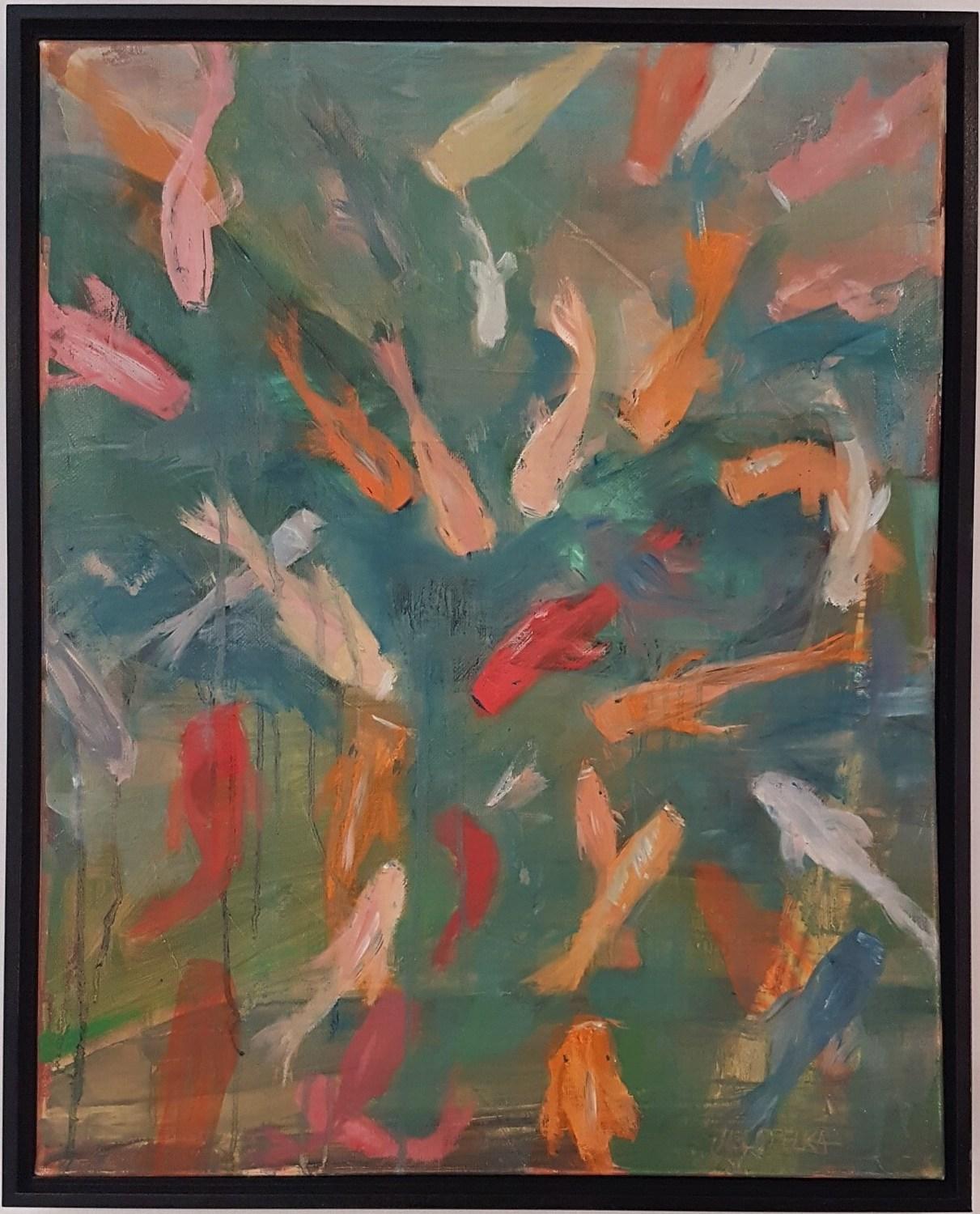 Jill Opelka Still-Life Painting - Vertical Koi Pond