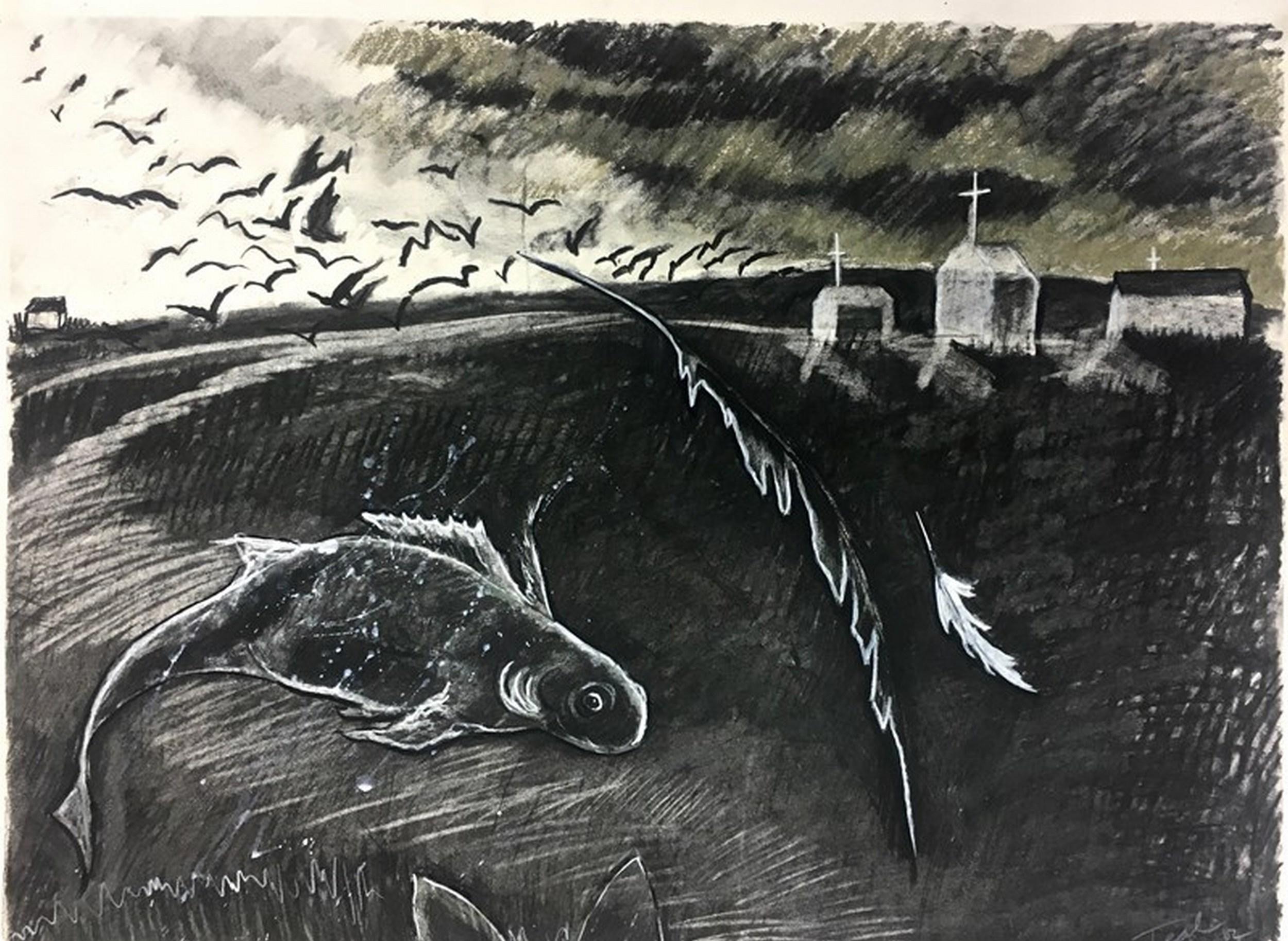 FISH OUT OF WATER (Charcoal Drawing - black, beige, grey) - Art by Monika Teal