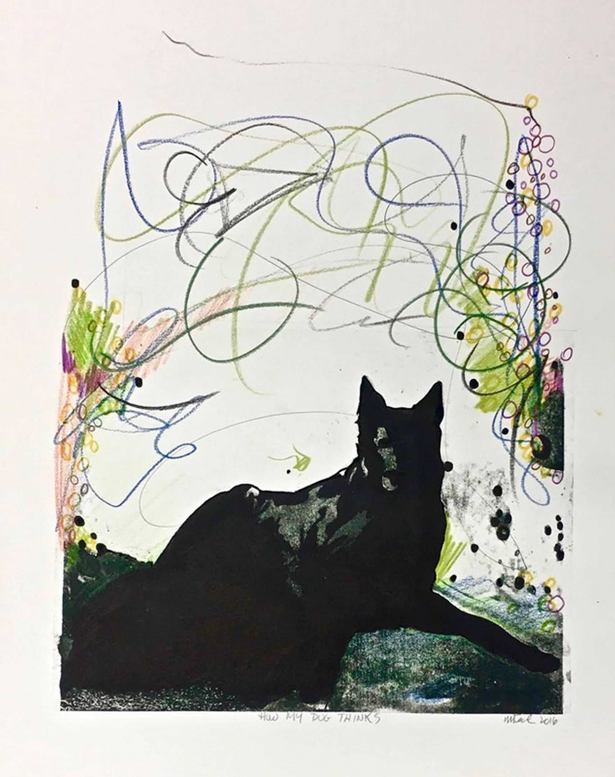 HOW MY DOG THINKS (Gum Arabic print - green, black, blue, lilac) - Art by Monika Teal