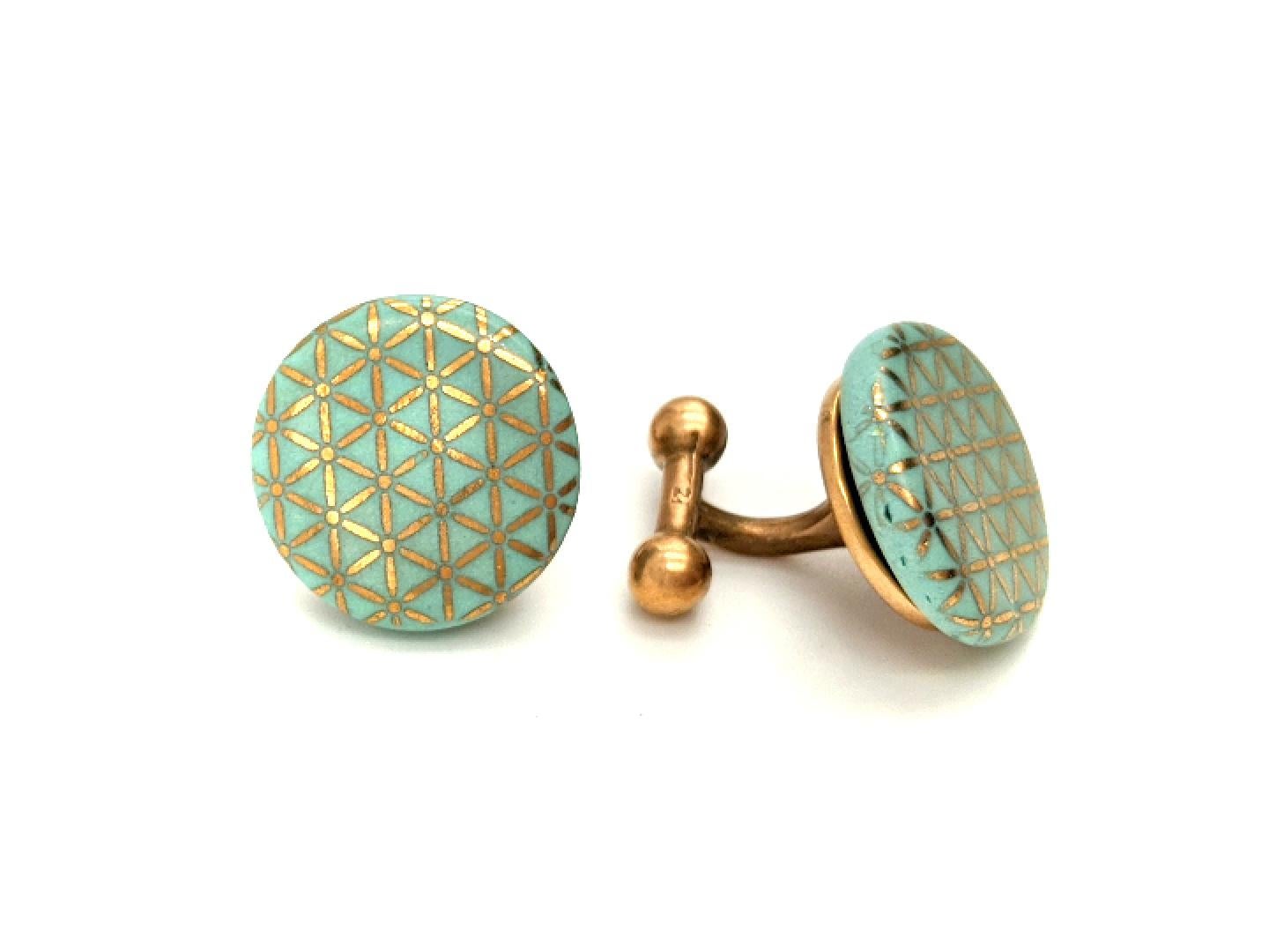 Cufflinks Mint Gold Geometric Pattern Porcelain Jewelry for Men Brass handmade - Art by Melanie Sherman