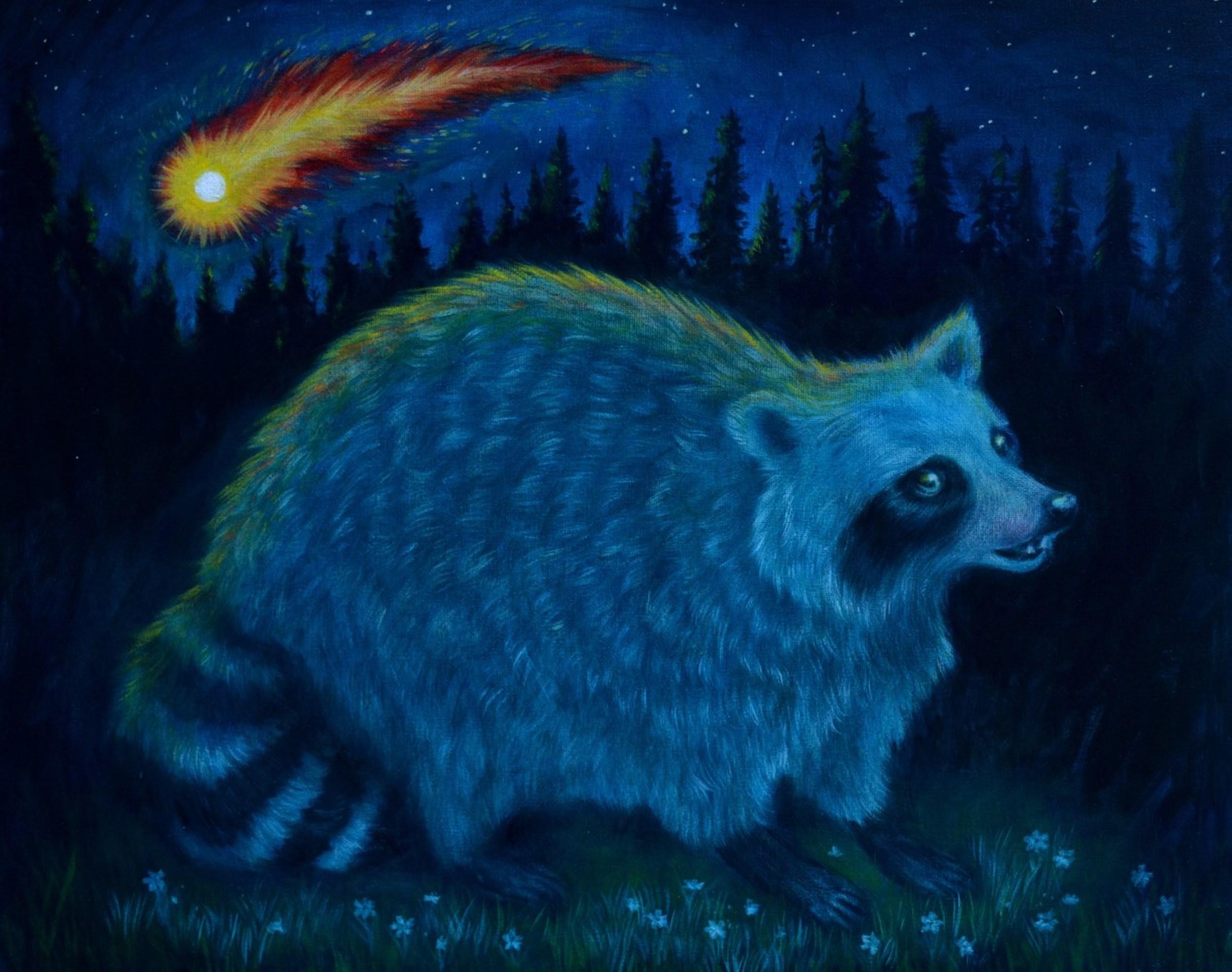 Colete Martin Animal Painting - Raccoon Witnessing Life Ending Comet