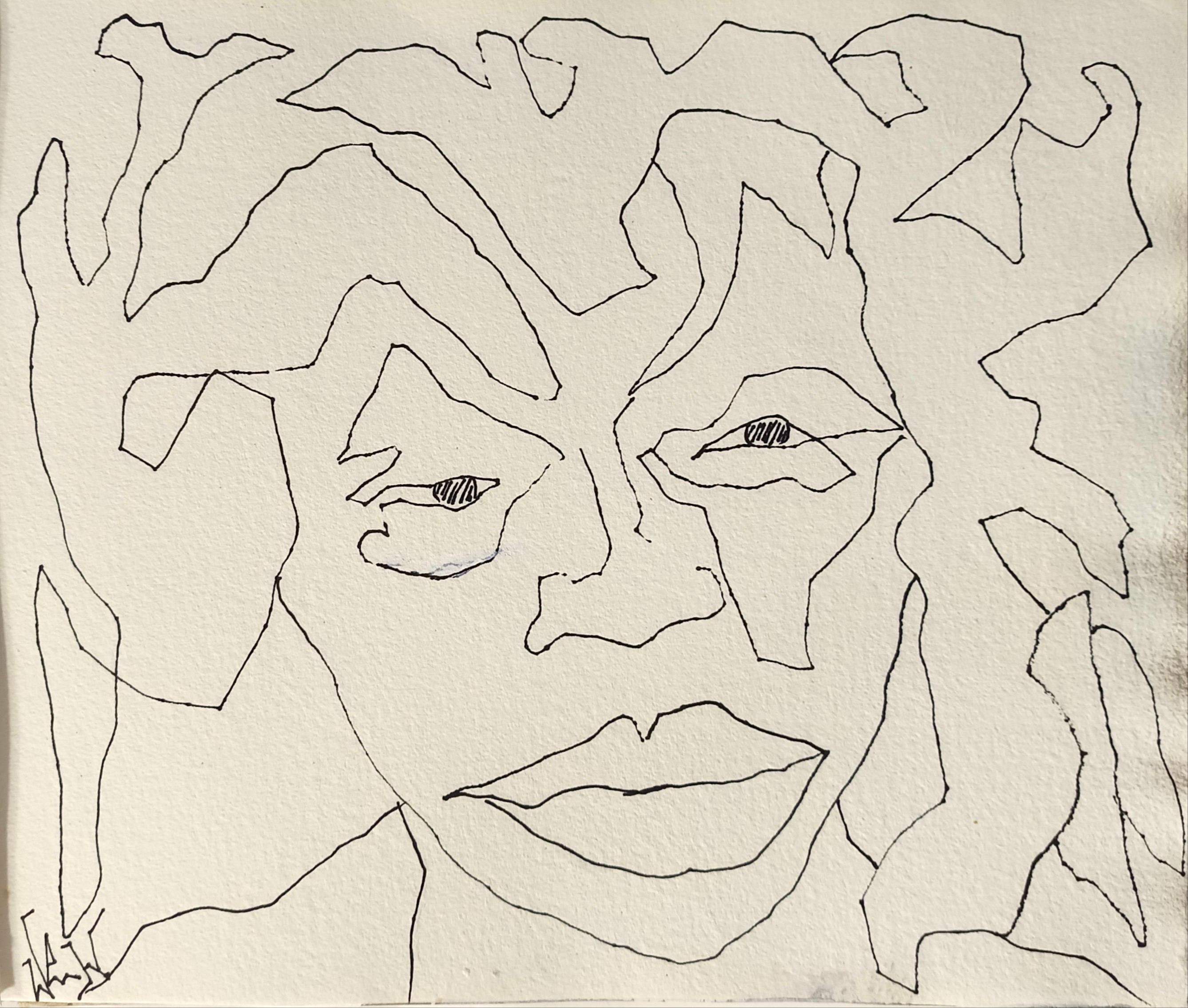 "Afro" by Enzio Wenk, 2022 - Black India Ink Drawing on Paper, Figurative