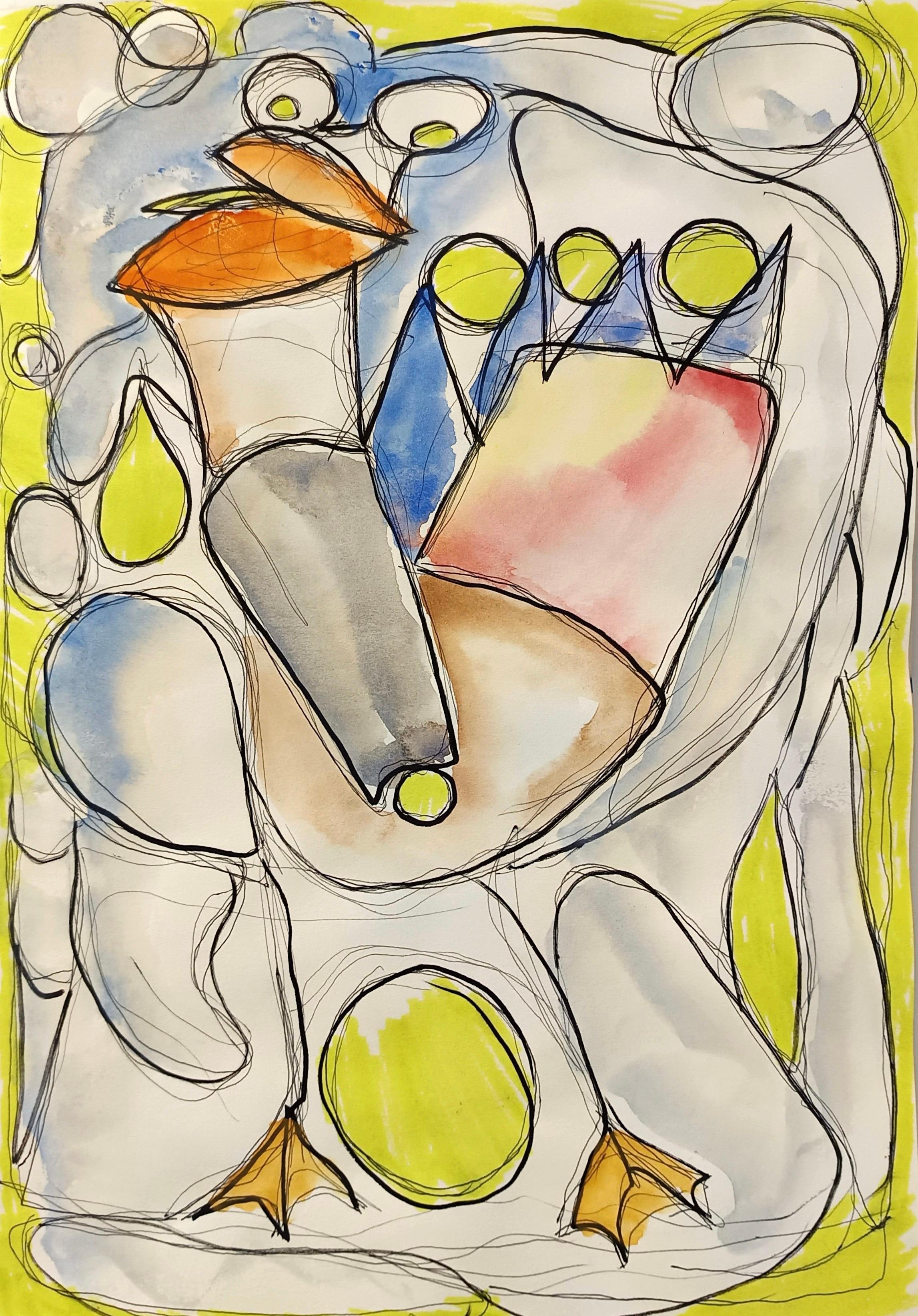 "Gallo" de Enzio Wenk, 2020-21 - Acuarela y rotulador, Animal abstracto, Gallo