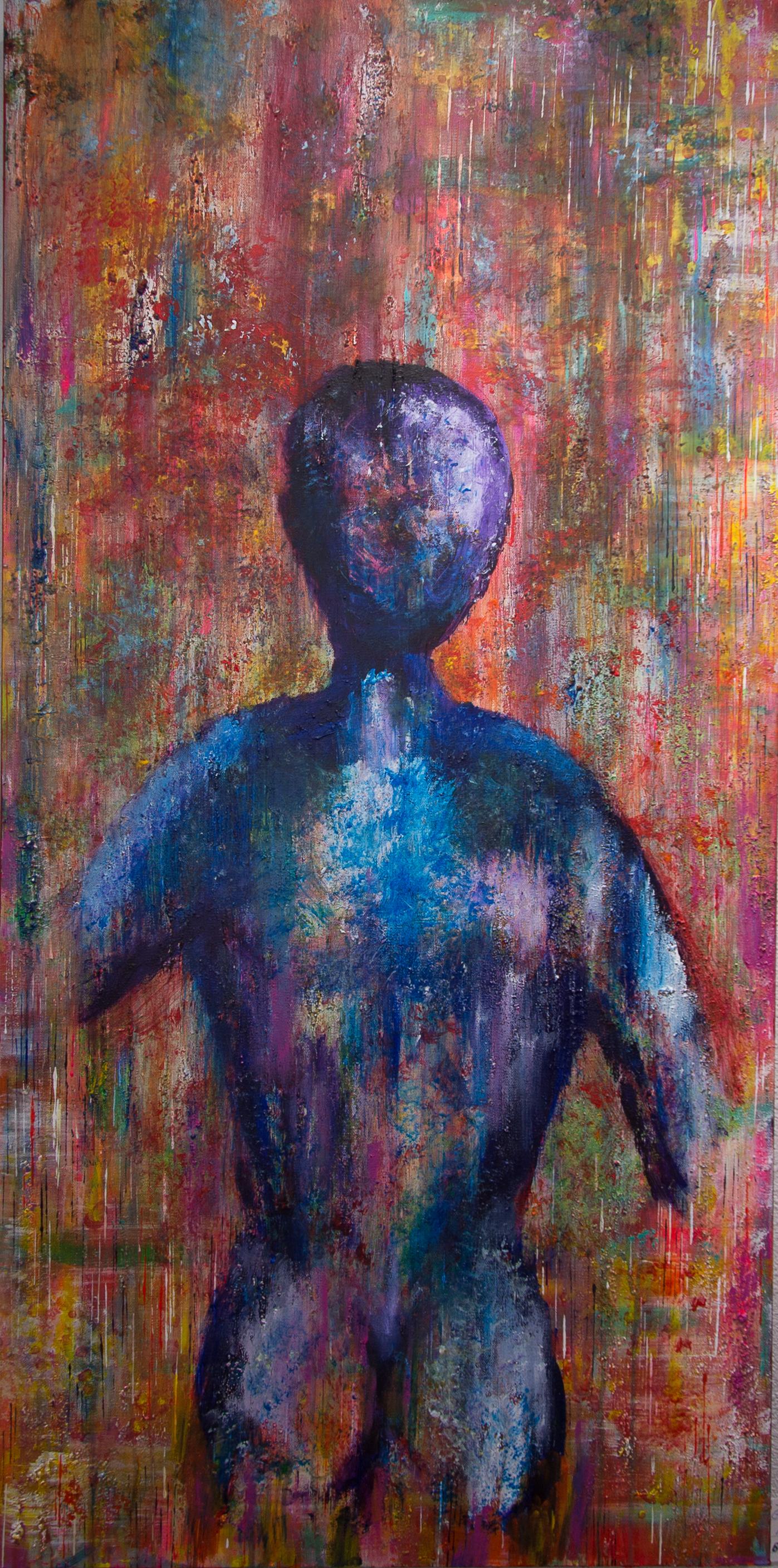 Gary Visconti  Figurative Painting - STARMAN- vertical red and blue figurative painting